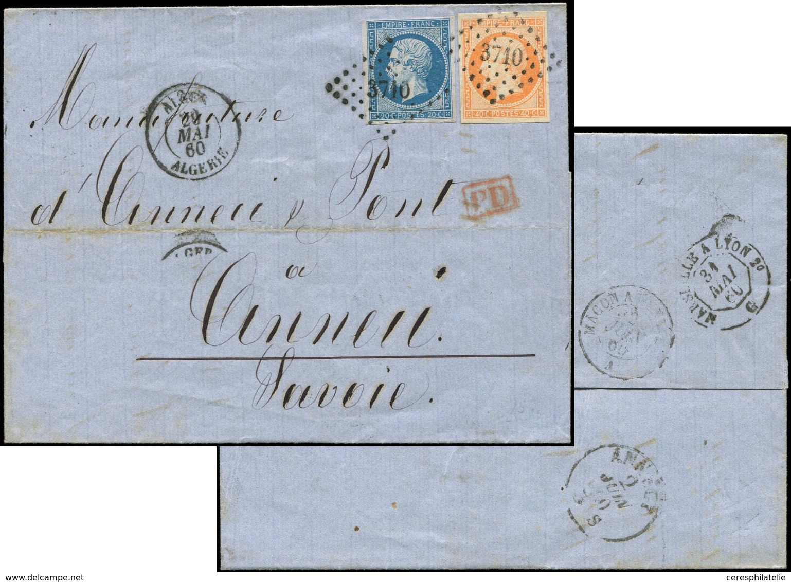 Let EMPIRE NON DENTELE - 14A Et 16, 20c. Bleu T I Et 40c. Orange Obl. PC 1896 S. LAC, Càd ALGER 29/5/60, Arr. Càd Sarde  - 1853-1860 Napoléon III.