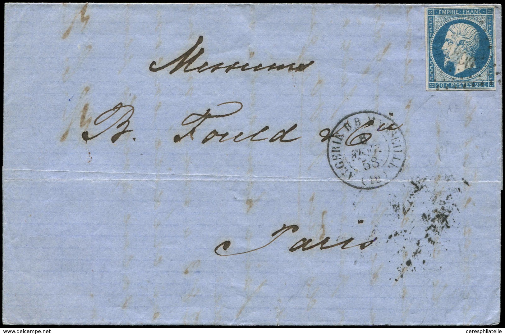 Let EMPIRE NON DENTELE - 14A  20c. Bleu Obl. PC 1896 S. LAC, Càd ALGERIE B.B. MARSEILLE 8/2/58 Ind. 22, TB - 1853-1860 Napoleon III