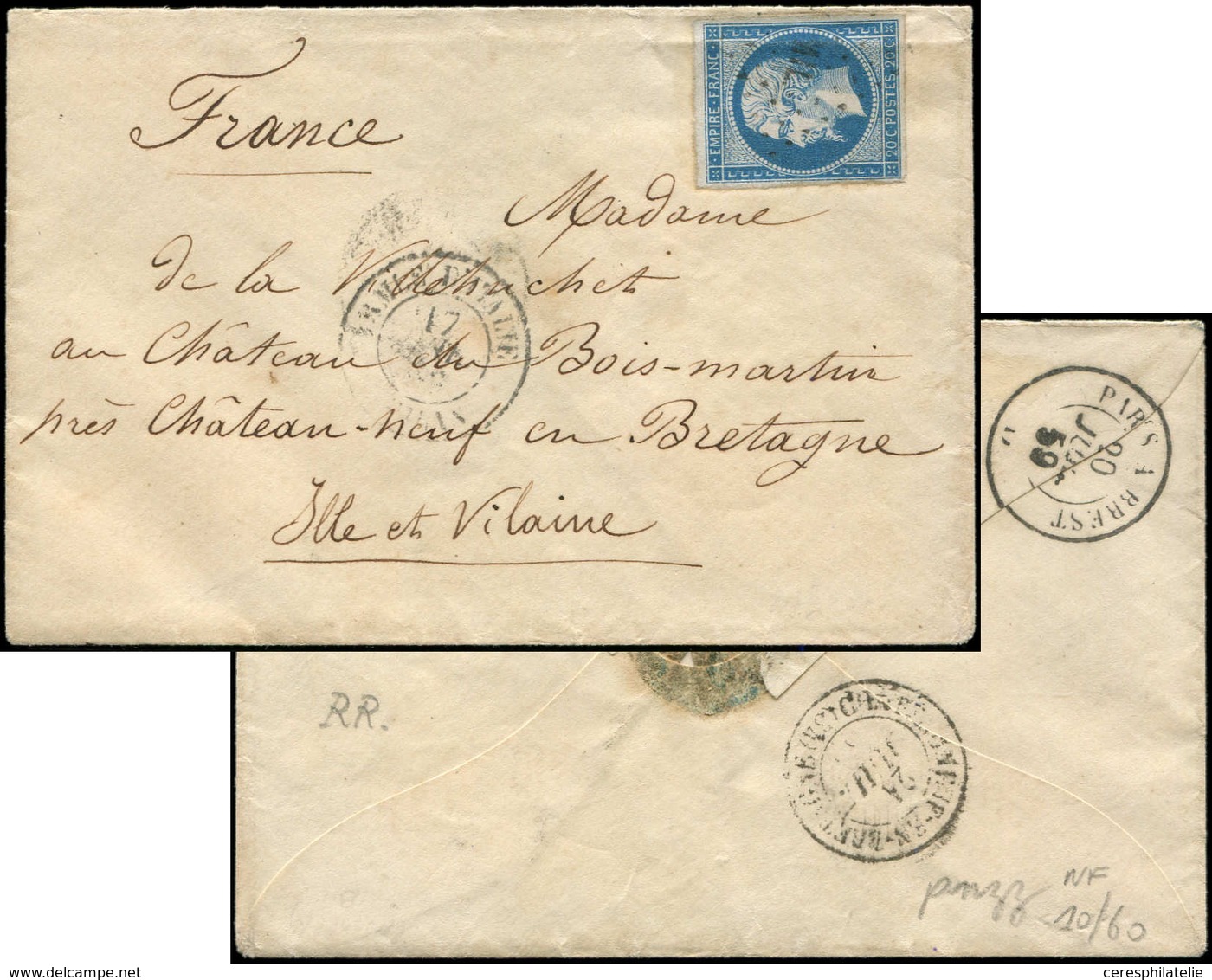 Let EMPIRE NON DENTELE - 14A  20c. Bleu, Obl. Los. AMIL S. Env., Càd ARMEE D'ITALIE MILAN 17/7/59, TB - 1853-1860 Napoléon III