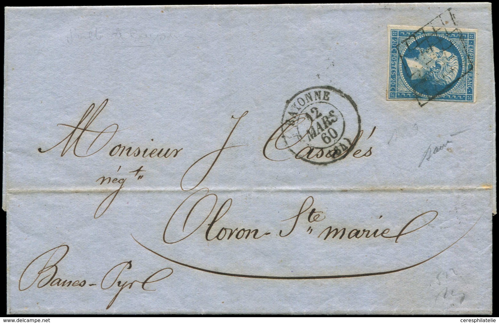 Let EMPIRE NON DENTELE - 14A  20c. Bleu Obl. GRILLE S. LAC, Càd T15 BAYONNE 12/3/60, TTB - 1853-1860 Napoléon III