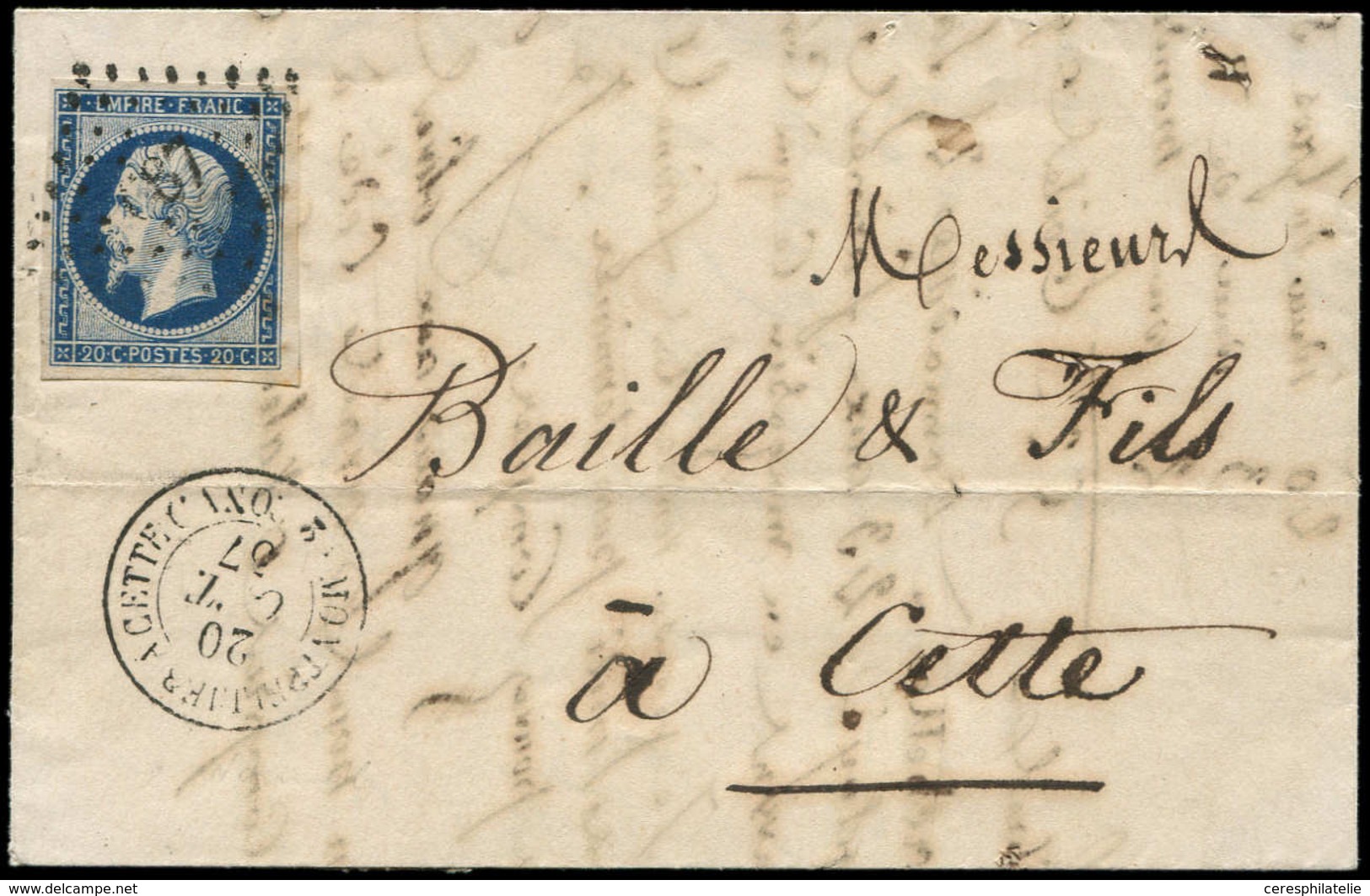 Let EMPIRE NON DENTELE - 14Aa 20c. Bleu Foncé T I Obl. PC 687 S. LAC, Càd MONTPELLIER A CETTE/(2 CONV.) 20/10/57, TB - 1853-1860 Napoléon III