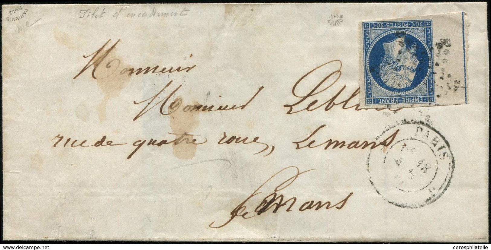 Let EMPIRE NON DENTELE - L14Ai 20c. Bleu, T I, FILET D'ENCADREMENT, Obl. Etoile S. LSC De Paris 11/56, TB - 1853-1860 Napoleone III