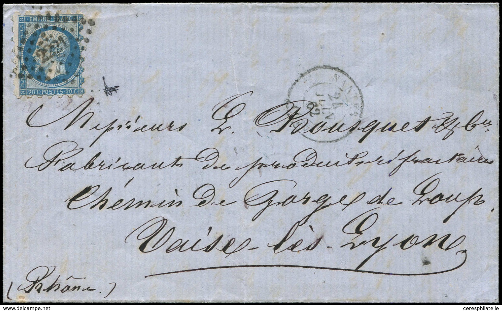 Let EMPIRE NON DENTELE - 14B  20c. Bleu, PIQUAGE SUSSE, Obl. PC 2221 S. LAC, Càd T15 NANTES 24/6/62, RR En Province, TB - 1853-1860 Napoleone III