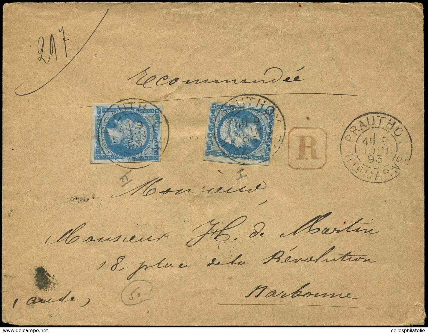 Let EMPIRE NON DENTELE - 14B  20c. Bleu, 2 Ex. (l'un Le Long Du Filet), Obl. Càd Tardif PRAUTHOY 9/6/93 S. Env. Rec., TB - 1853-1860 Napoléon III