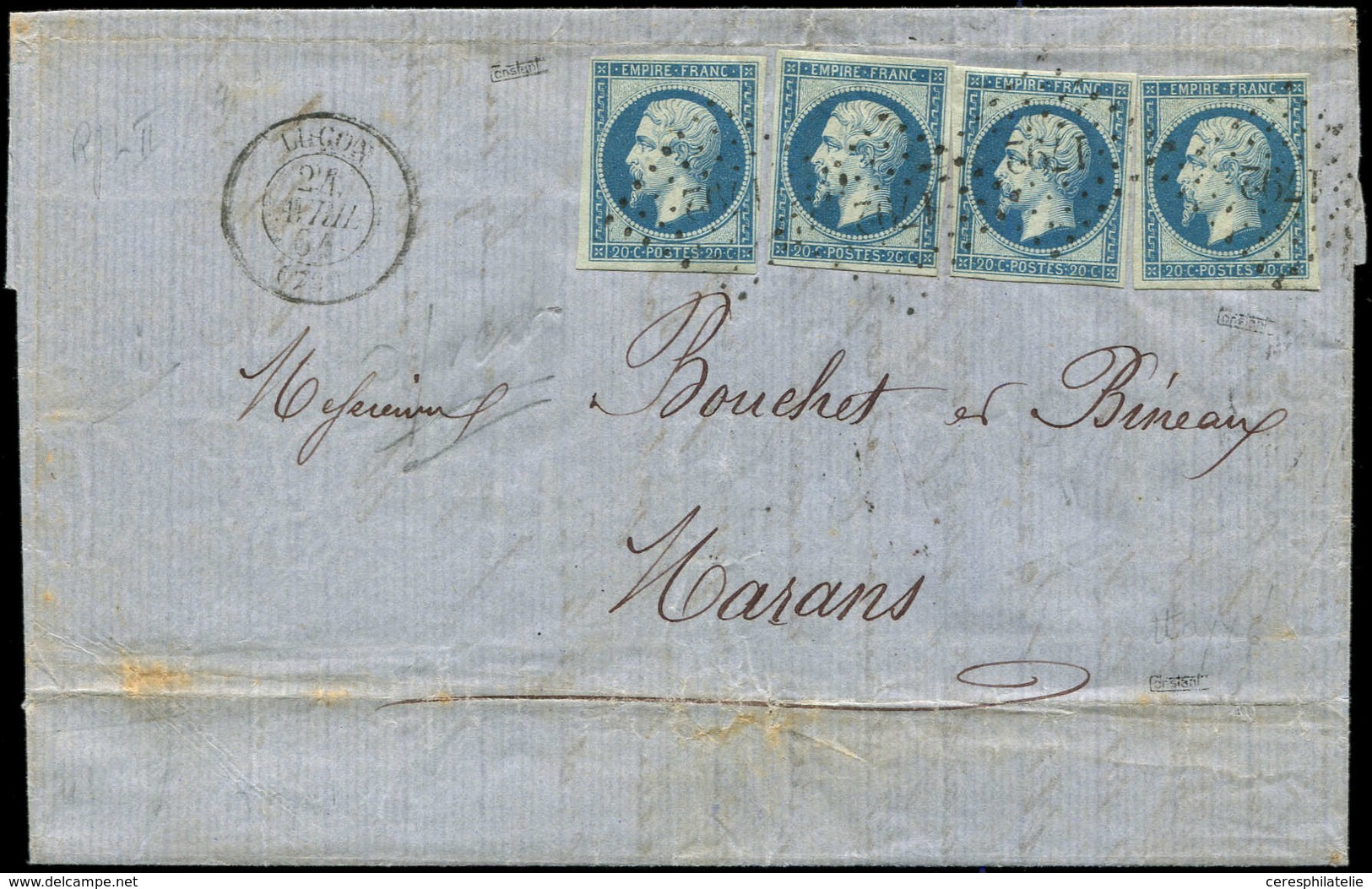 Let EMPIRE NON DENTELE - 14Ba 20c. Bleu Sur VERT, T II, 4 Ex. Obl. PC 1792 S. LAC, Càd T15 LUCON 24/4/61, TTB - 1853-1860 Napoléon III