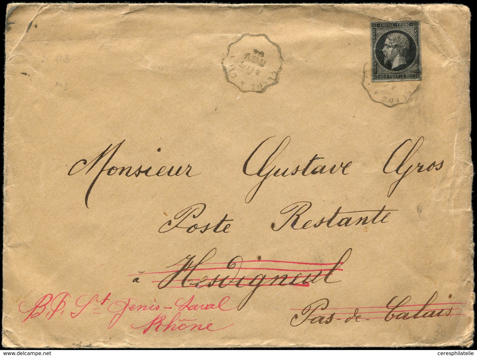 Let EMPIRE NON DENTELE - 14   20c., Essai En Noir Obl. Càd Conv. Ligne CULOZ A LYON 15/11/94 S. Env. Pour Hesdigneul, Ré - 1853-1860 Napoleone III