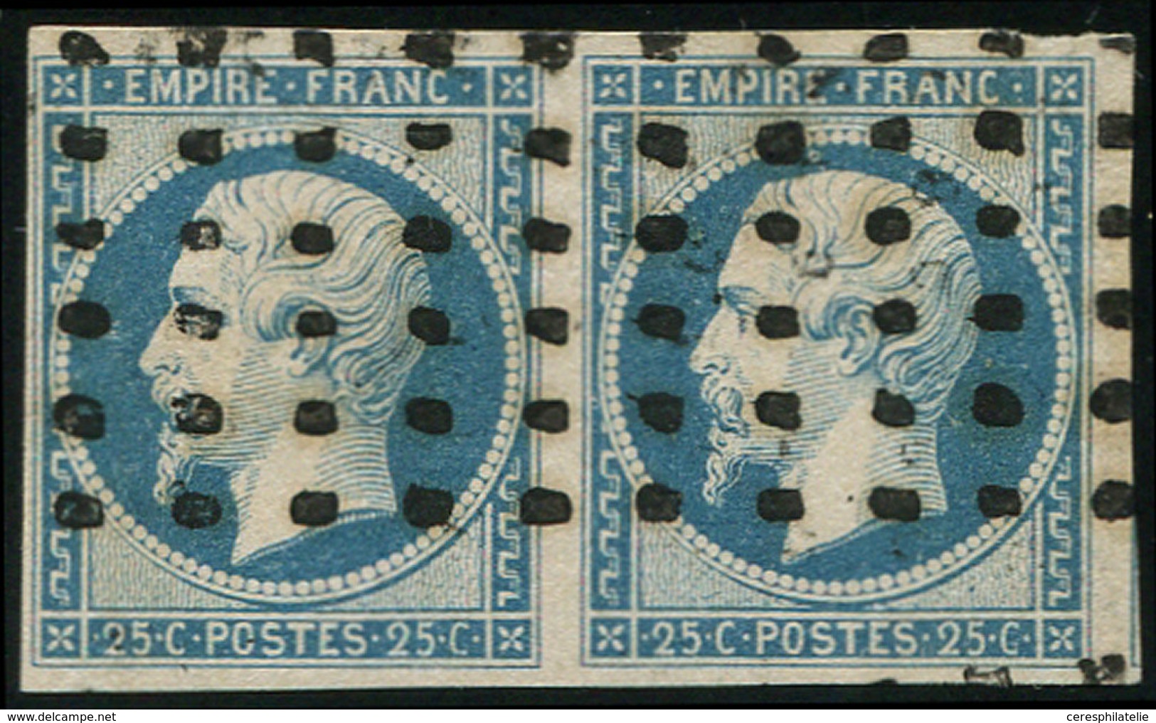 EMPIRE NON DENTELE - 15   25c. Bleu, PAIRE Obl. GROS POINTS, TTB - 1853-1860 Napoleon III