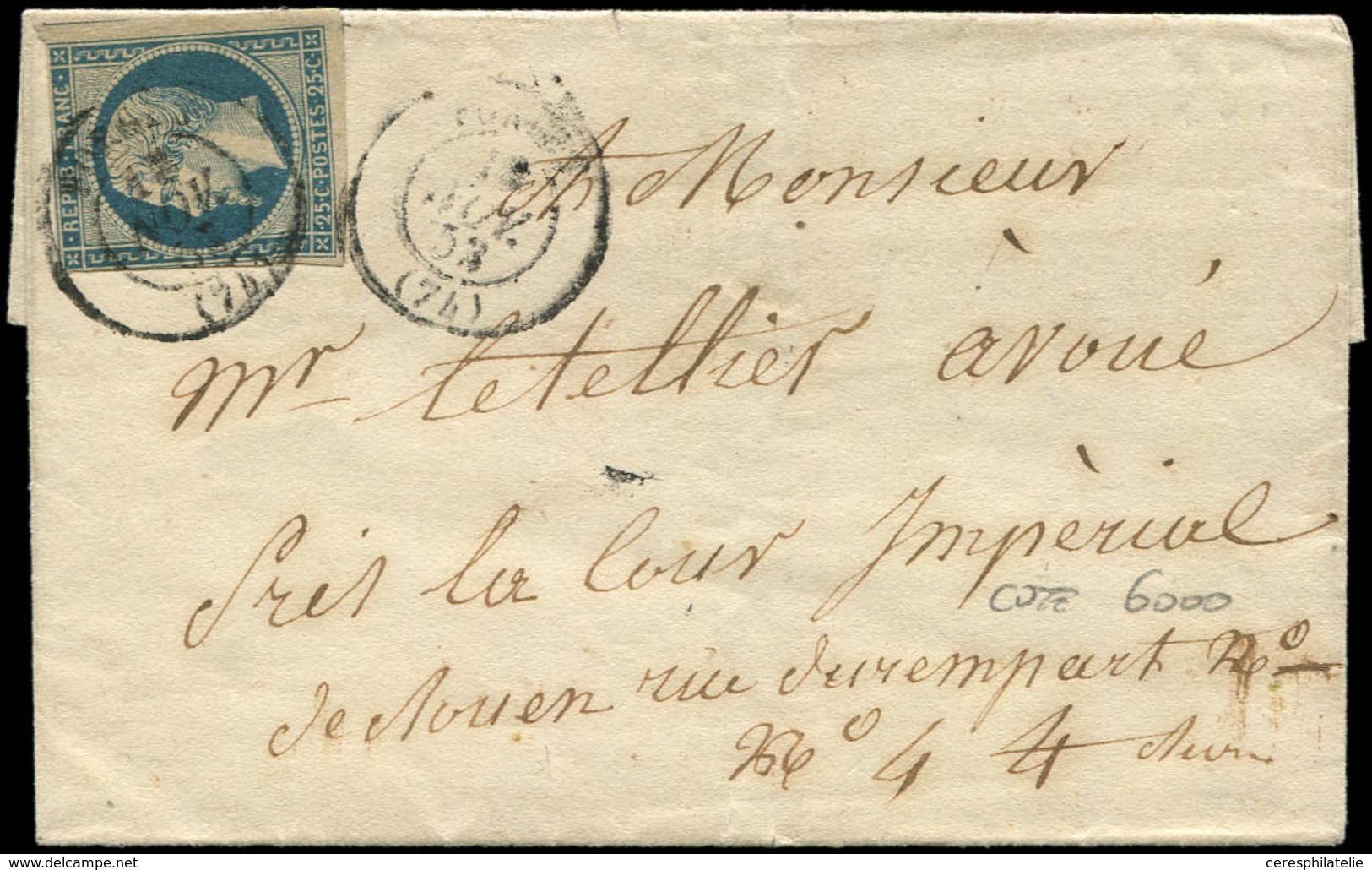 Let EMPIRE NON DENTELE - 15   25c. Bleu, Touché, Obl. Càd T15 ROUEN 18/11/53 S. LSC, R, B/TB - 1853-1860 Napoleone III