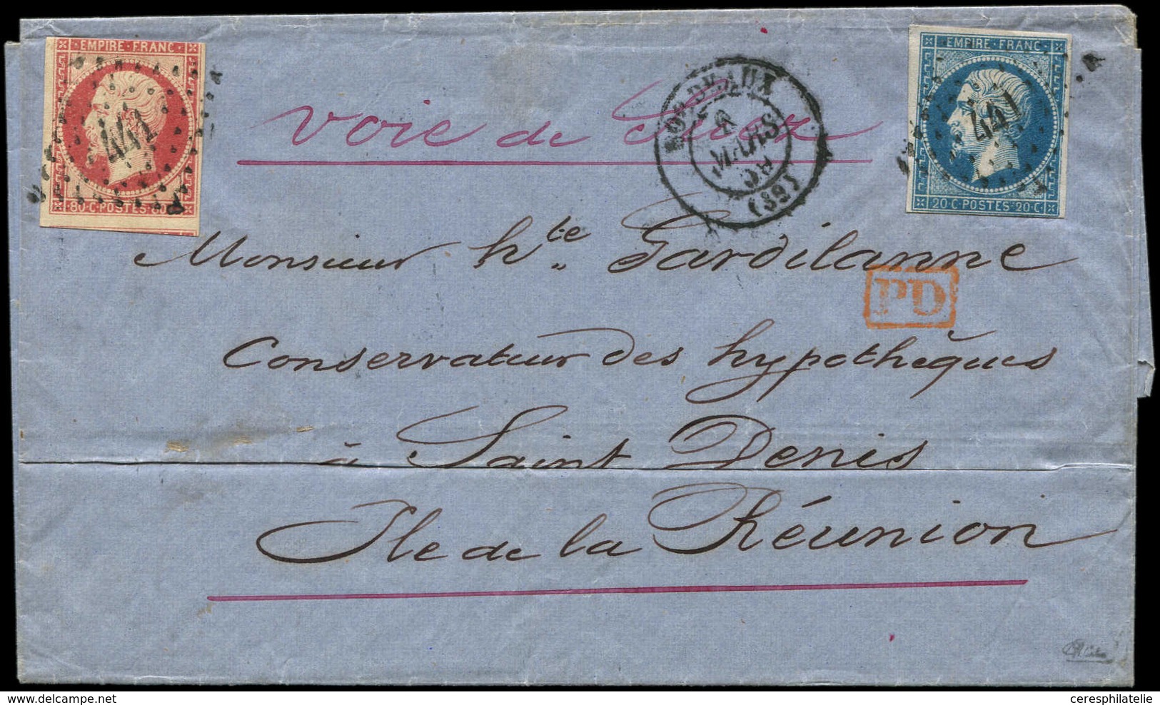 Let EMPIRE NON DENTELE - 17Ad 80c. VERMILLONNE (entamé En Haut) Et N°14A Obl. PC 441 S. LSC De Bordeaux 9/3/59 à LA REUN - 1853-1860 Napoleone III