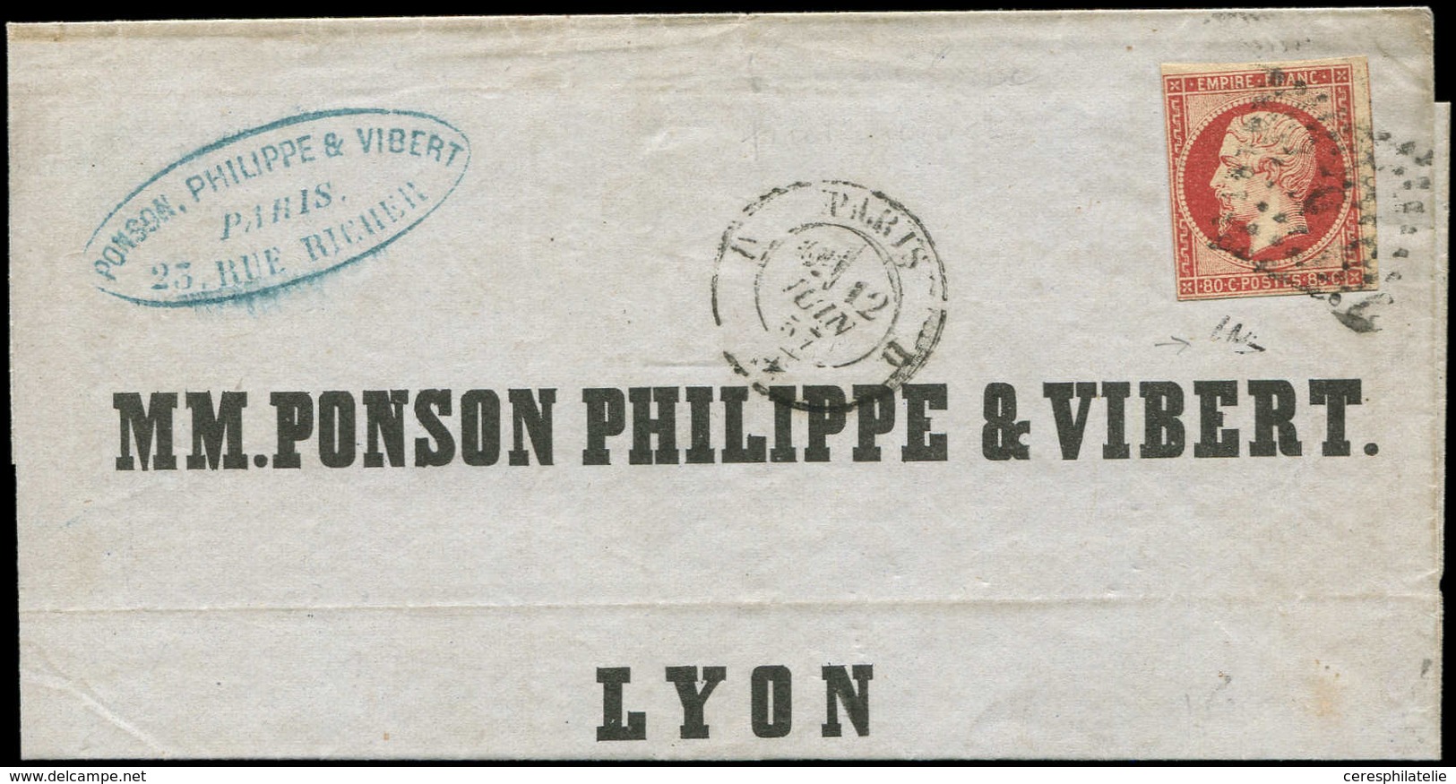 Let EMPIRE NON DENTELE - 17Ad 80c. VERMILLONNE, Obl. Los. D S. LSC, Càd D PARIS D 12/6/57, Filet à Peine Effl., Sinon TB - 1853-1860 Napoleone III