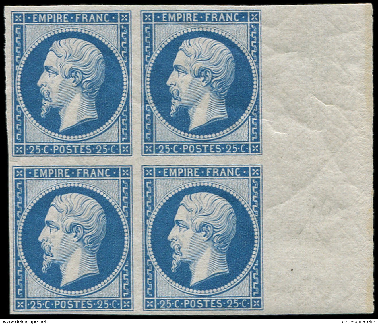 ** EMPIRE NON DENTELE - R15c 25c. Bleu, REIMPRESSION, BLOC De 4 Bdf, 1 Ex. *, Fraîcheur Postale, TTB - 1853-1860 Napoleone III