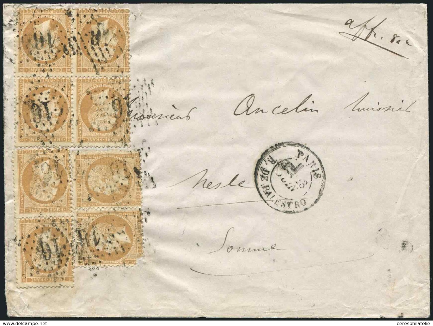 Let EMPIRE DENTELE - 21   10c. Bistre, BLOC De 4 + 2 PAIRES (1 T. Déf.), Obl. Etoile 16 S. Env., Càd R. De Palestro 23/6 - 1862 Napoléon III