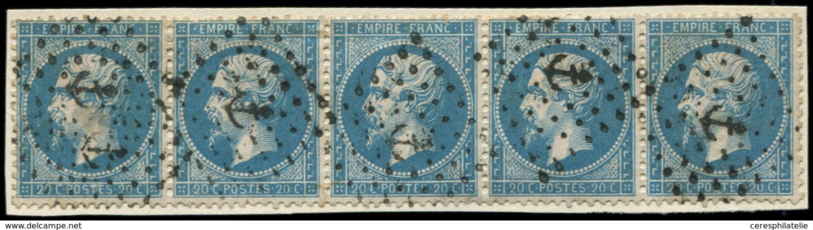 EMPIRE DENTELE - 22   20c. Bleu, BANDE De 5 Obl. ANCRE S. Fragt, TB - 1862 Napoléon III