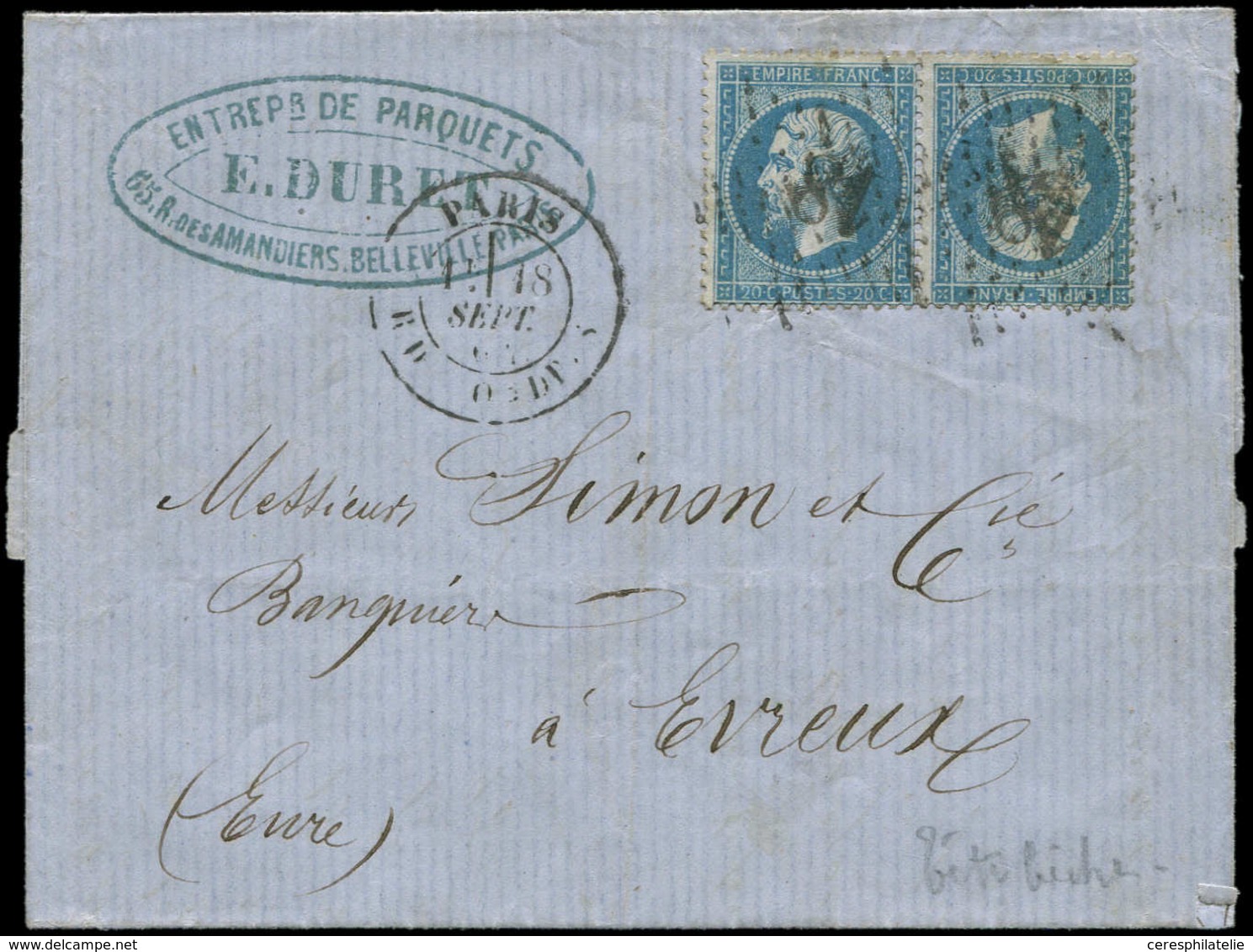 Let EMPIRE DENTELE - T22b 20c. Bleu, TETE-BECHE, Obl. Etoile 18 S. LAC, Càd PARIS 18/9/64, TB - 1862 Napoléon III