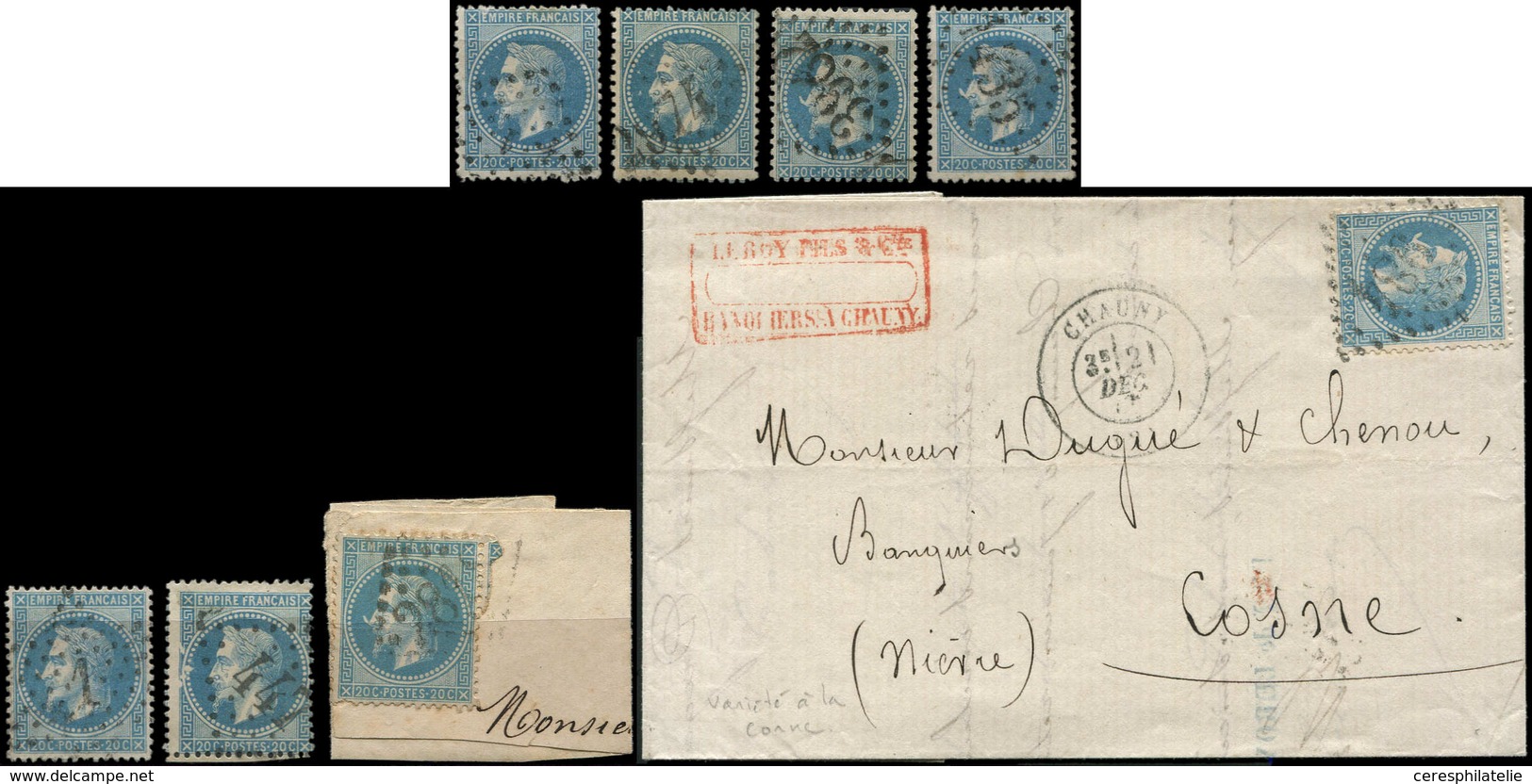 EMPIRE LAURE - 29B  20c. Bleu, T II, 7 Variétés Obl. Dont "A LA CORNE" Et "LES ABEILLES" + Une Lettre Avec N°29Bb, TB - 1863-1870 Napoleon III With Laurels