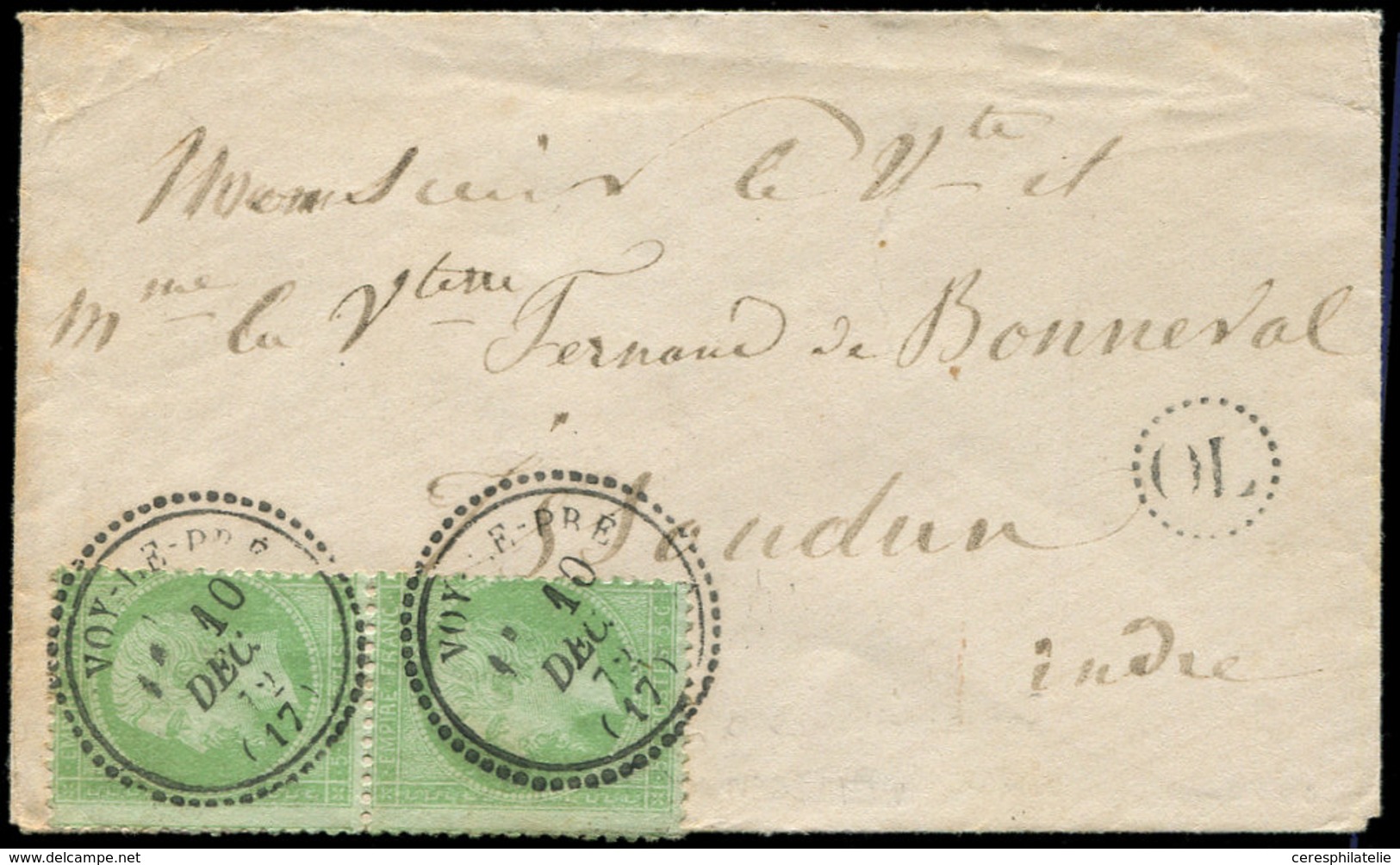 Let EMPIRE LAURE - 35    5c. Vert Pâle Sur Bleu, PAIRE Obl. Càd T23 VOY-LE-PRE 10/12/72 S. Petite Env. Avec OL Cercle Po - 1863-1870 Napoléon III Lauré