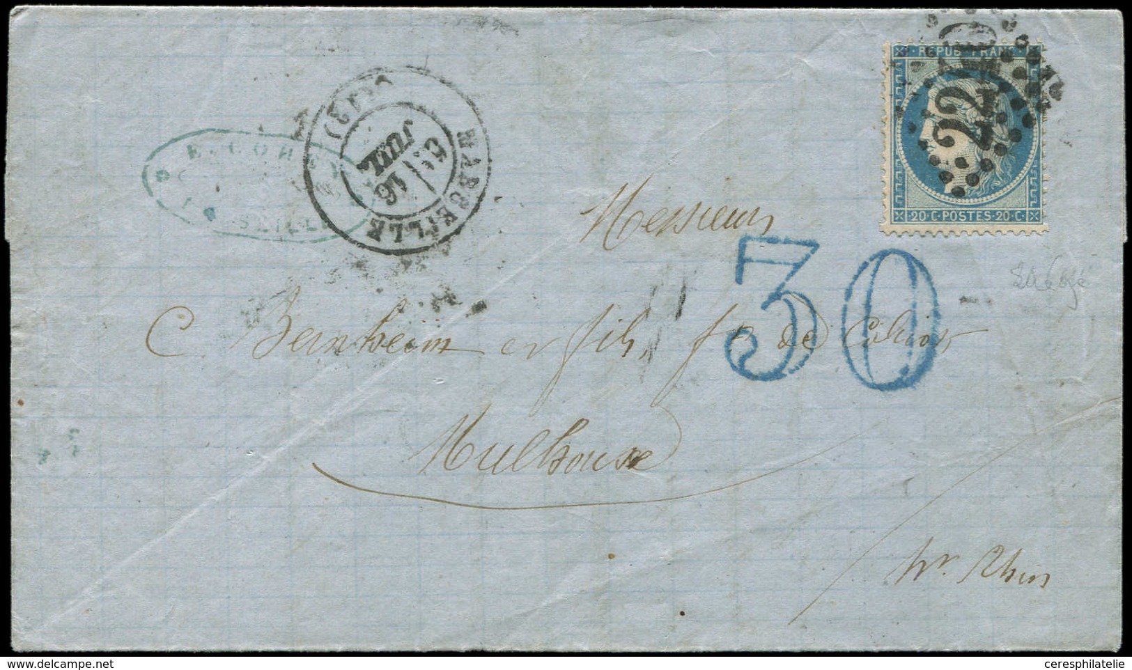 Let SIEGE DE PARIS - 37   20c. Bleu, Obl. GC 2240 Sur LAC, Càd T17 MARSEILLE 16/7/71, Taxe Double Trait Bleu 30, Pour MU - 1870 Siège De Paris