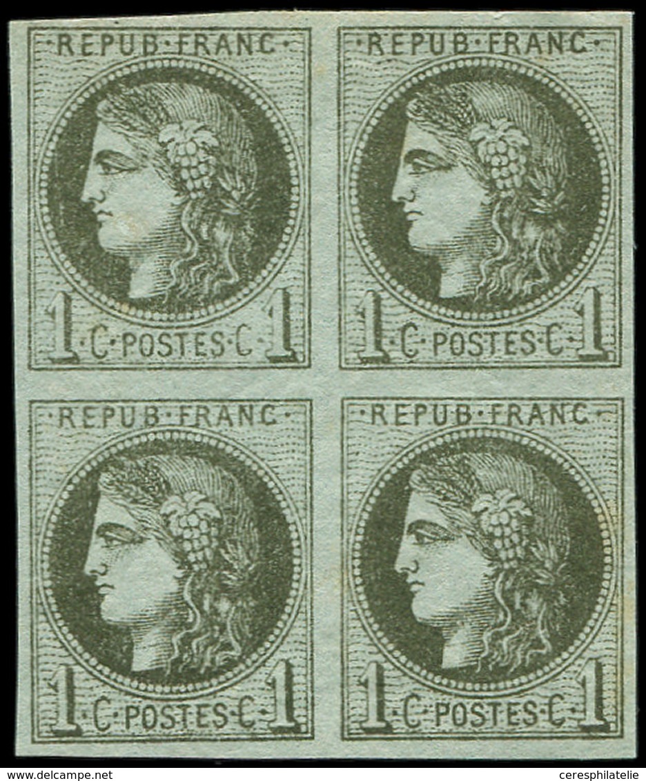 ** EMISSION DE BORDEAUX - 39A   1c. Olive, R I, BLOC De 4, Un Point D'adh. Entre Les 2 Ex. Inférieurs, Néanmoins Très Fr - 1870 Emission De Bordeaux