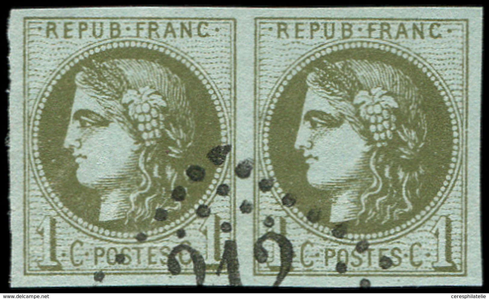 EMISSION DE BORDEAUX - 39C   1c. Olive, R III, PAIRE Obl. GC 212, Effigies Dégagées, Superbe - 1870 Emission De Bordeaux