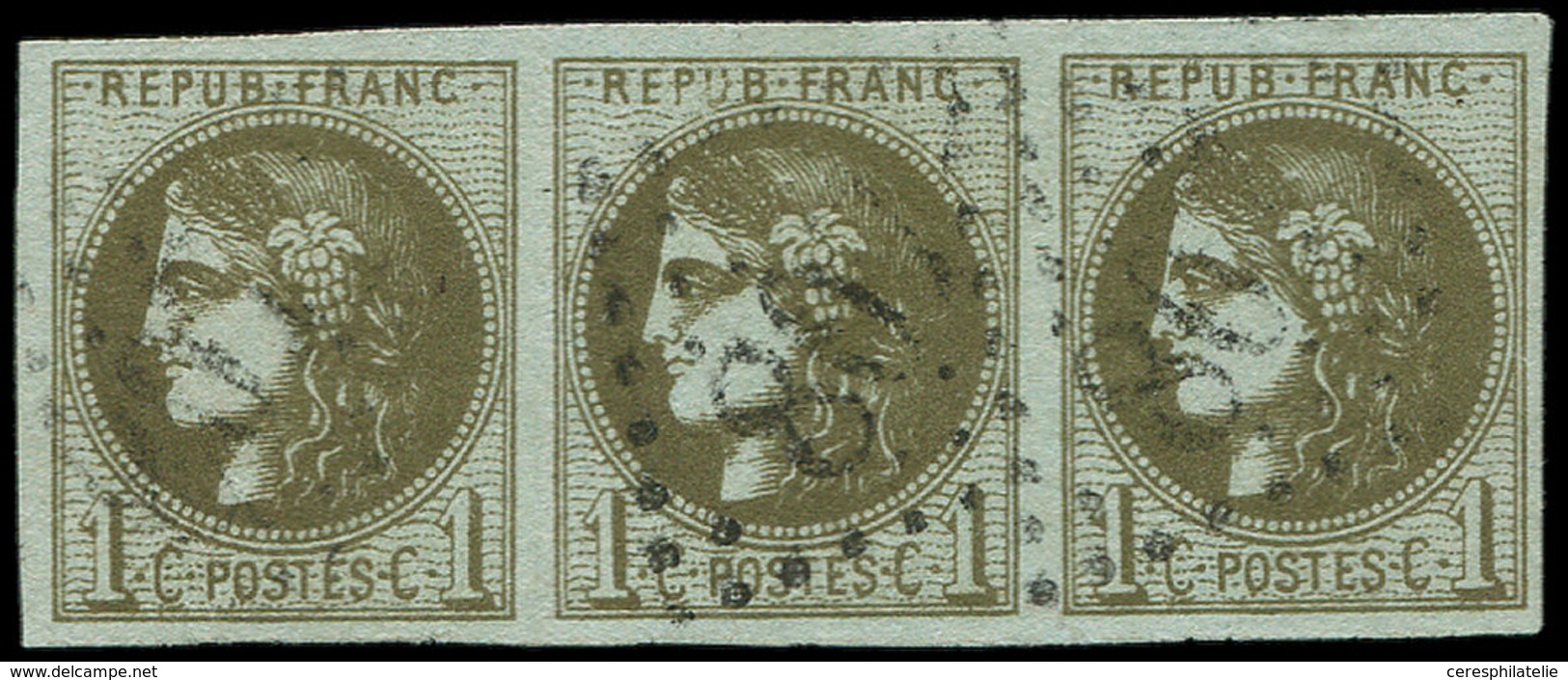 EMISSION DE BORDEAUX - 39Cb  1c. Olive Foncé, R III, BANDE De 3 Obl. GC, TTB - 1870 Bordeaux Printing