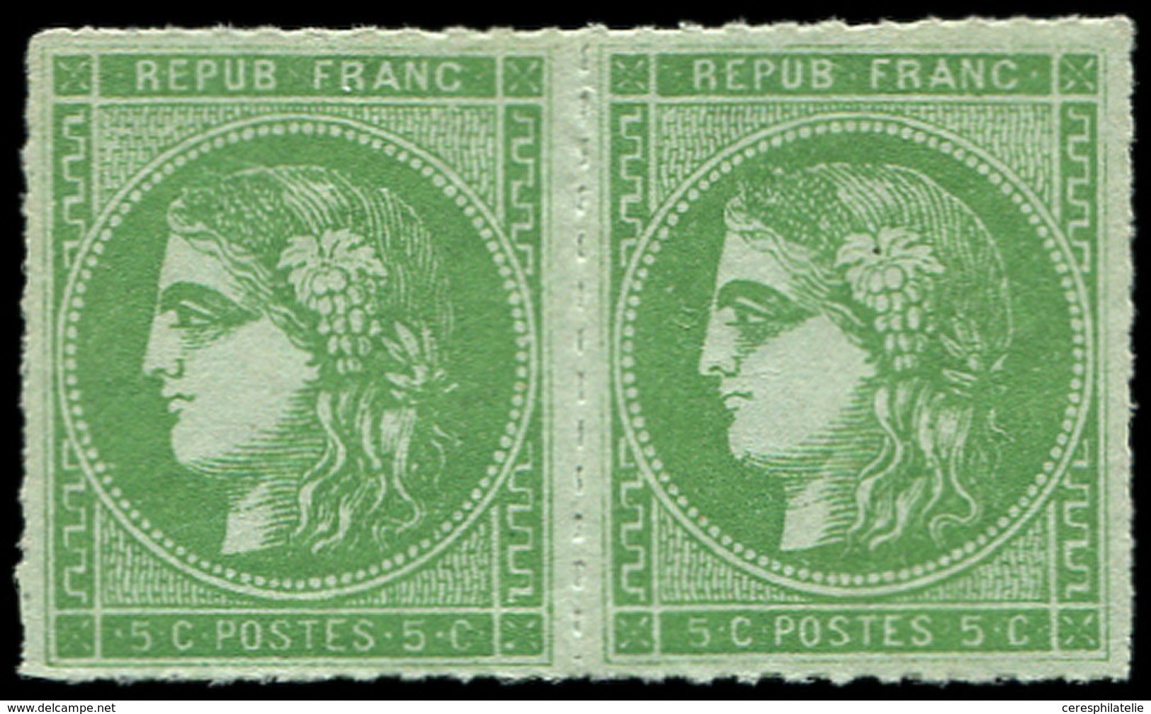 ** EMISSION DE BORDEAUX - 42B   5c. Vert-jaune, R II, PAIRE PERCEE En LIGNES, TTB - 1870 Emission De Bordeaux