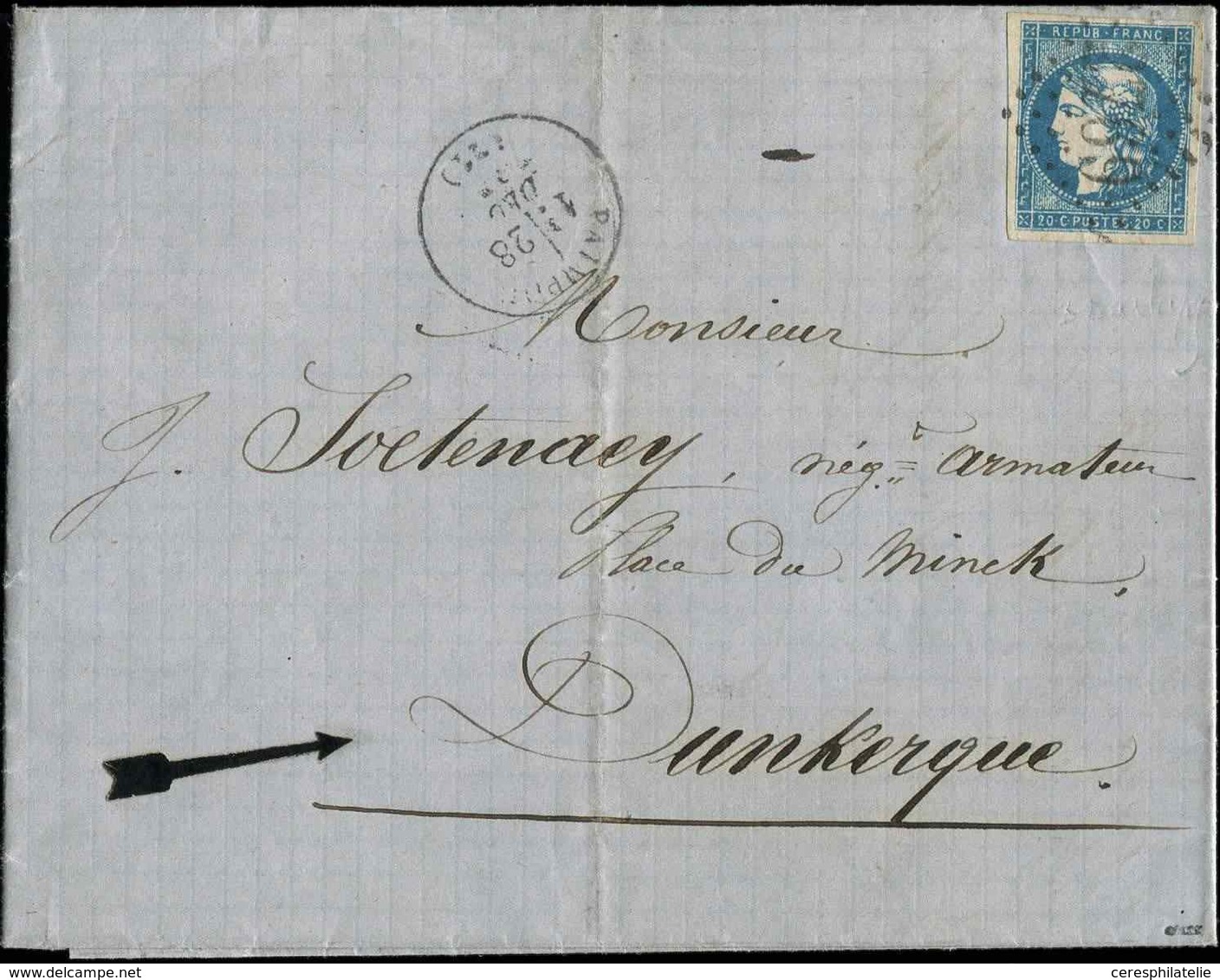 Let EMISSION DE BORDEAUX - 44B  20c. Bleu, T I, R II, La Craquelure Du Papier De La Lettre Apparait Très Légèrement Sur  - 1870 Emission De Bordeaux