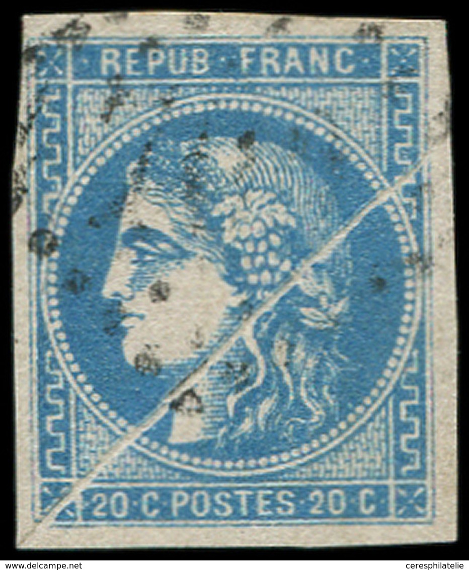 EMISSION DE BORDEAUX - 46B  20c. Bleu, T III, R II, PLI ACCORDEON, Obl., RR Et TTB - 1870 Emission De Bordeaux