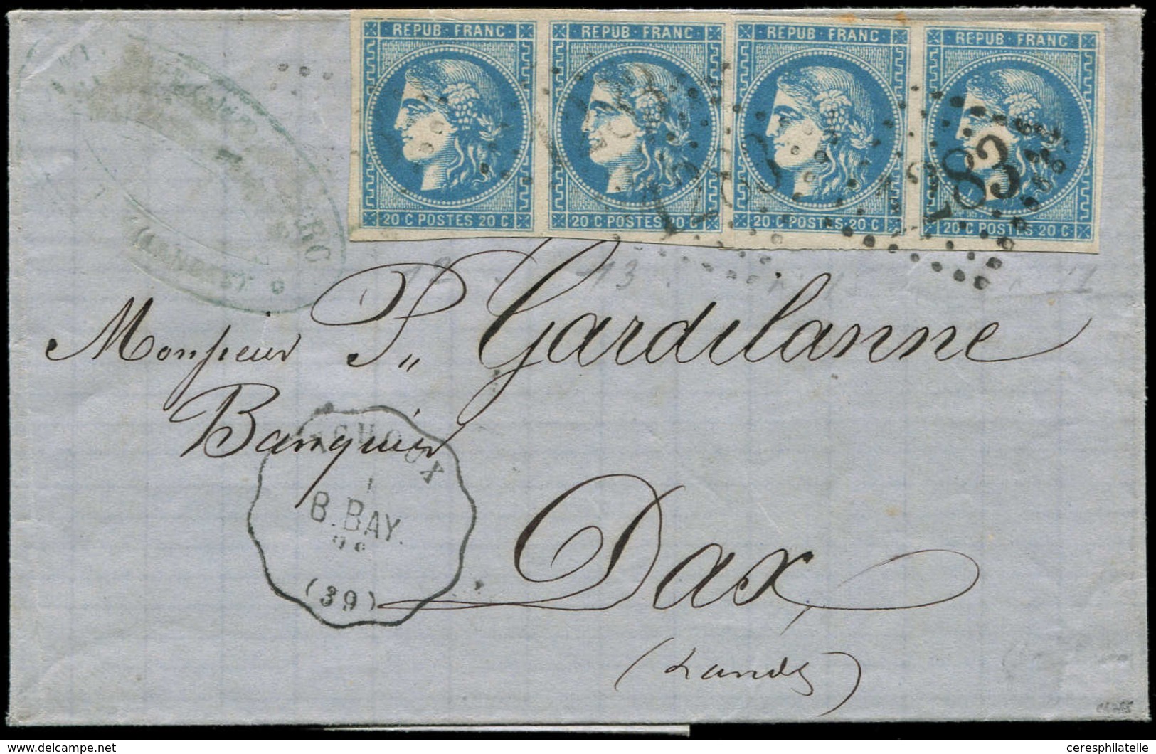 Let EMISSION DE BORDEAUX - 46B  20c. Bleu, T III, R II, 2 PAIRES Obl. GC 1283 S. LAC Du 1/4/71, Cachet Conv. St. YCHOUX/ - 1870 Emission De Bordeaux