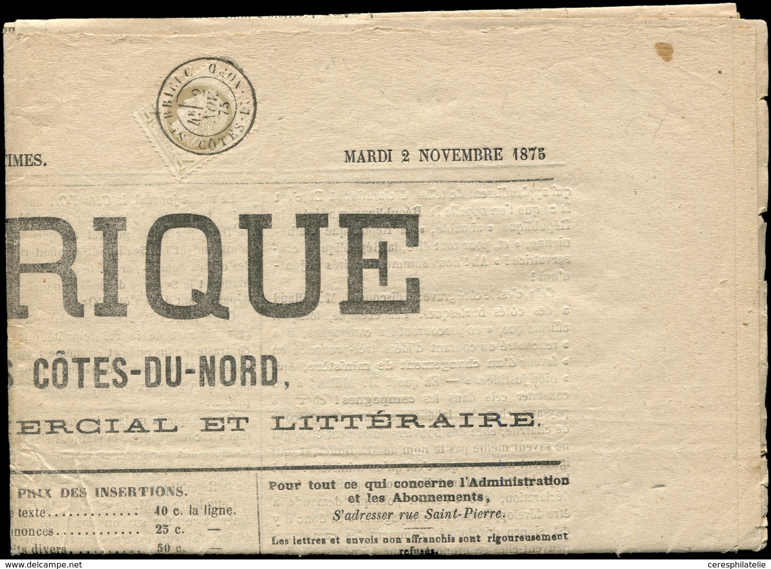 Let CERES DENTELE - 52    4c. Gris, Obl. Càd T18 St BRIEUC 2/11/75 S. Journal Entier L'ARMORIQUE, Superbe - 1849-1876: Période Classique