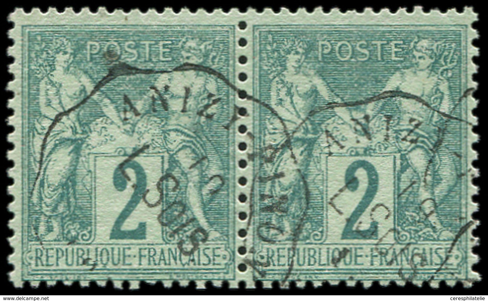 TYPE SAGE - 62    2c. Vert, PAIRE Obl. Conv. ANIZY-PINON L. Sois, TTB - 1876-1878 Sage (Type I)