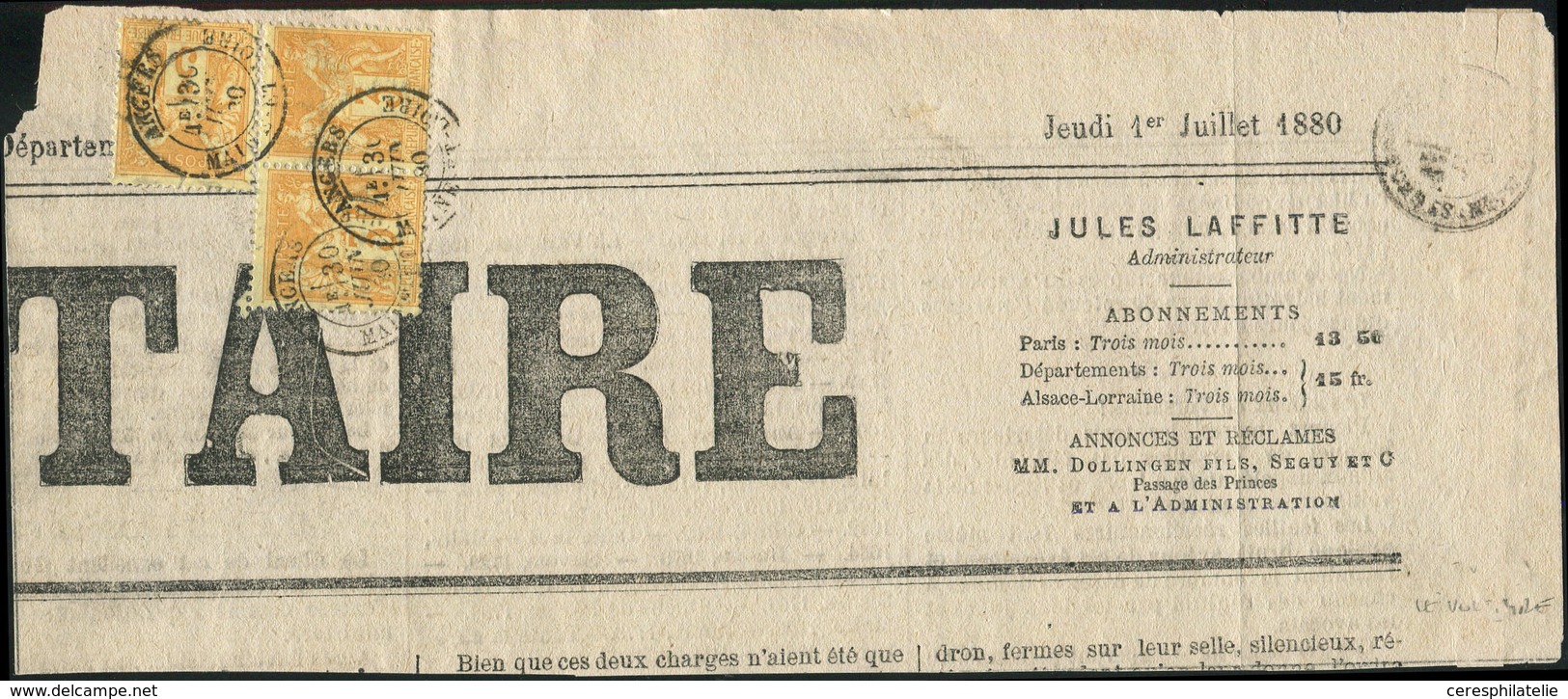 TYPE SAGE - 86    3c. Bistre-jaune, 3 Ex. Obl. Càd ANGERS 30/6/80 S. Grand Fragt De Journal, TB - 1876-1878 Sage (Type I)