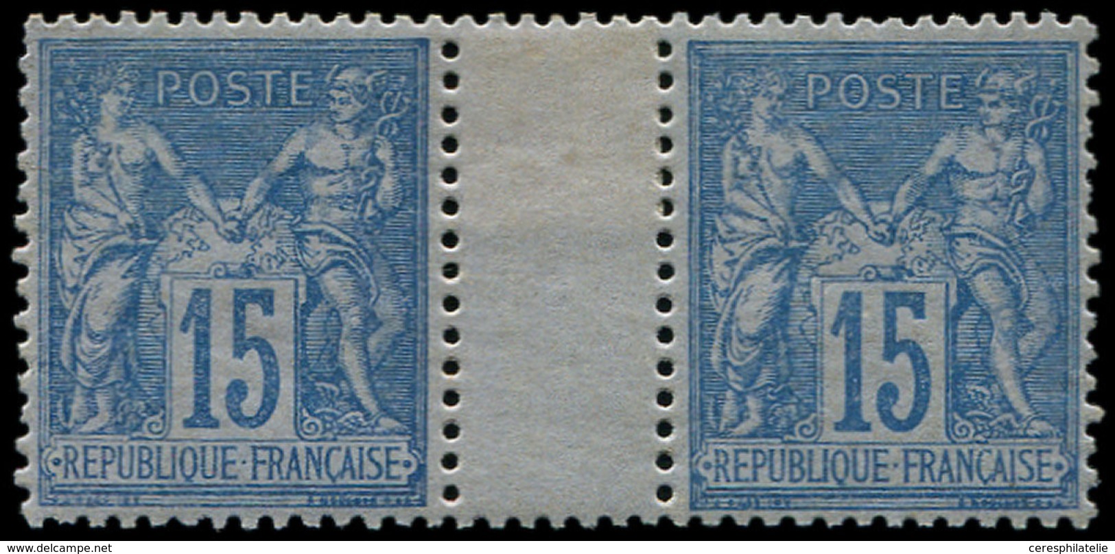 ** TYPE SAGE - 90a  15c. Bleu Sur Bleu, PAIRE Interp., Ch. S. Interp., Jolie Nuance, TTB. Br - 1876-1878 Sage (Type I)