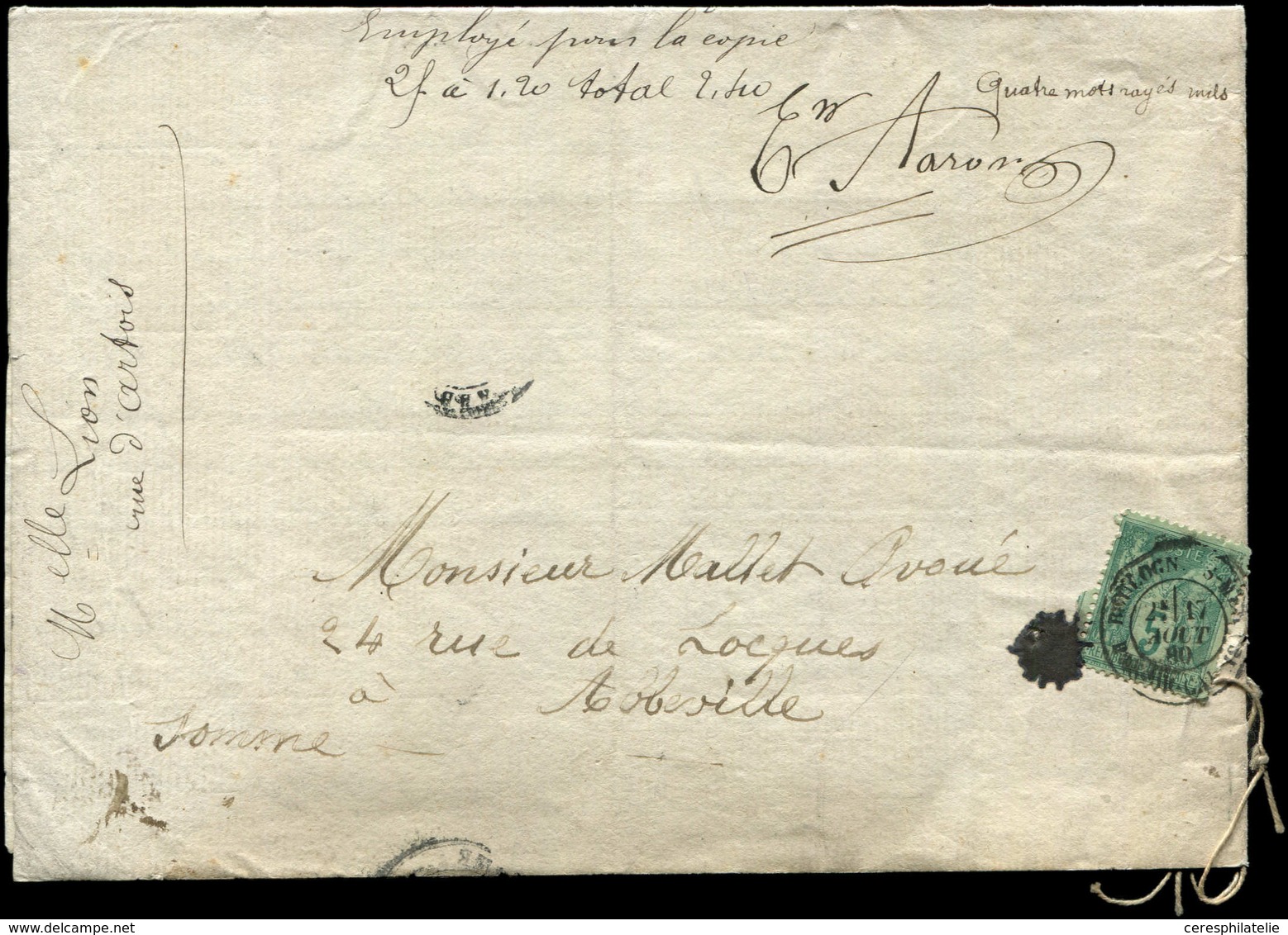 Let TYPE SAGE SUR LETTRES - N°75 Obl. BOULOGNE-S-MER 17/12/80 Sur LAC De Papiers D'Affaires Sans Bande, TB - 1877-1920: Période Semi Moderne