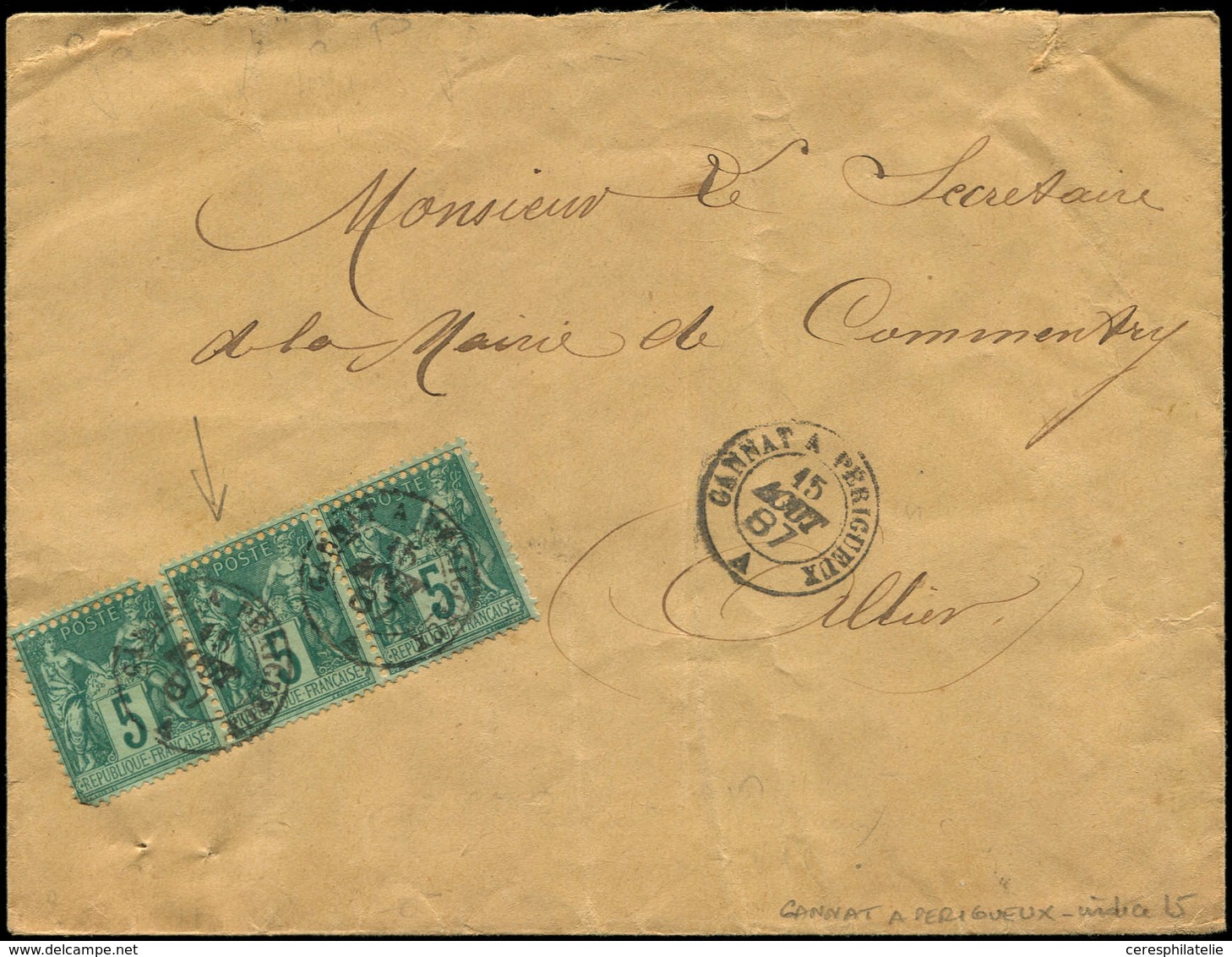 Let TYPE SAGE SUR LETTRES - N°75 BANDE De 3 Avec DOUBLE PIQUAGE Obl. Càd GANNAT A PERIGUEUX 15/8/87 S. Env., TB - 1877-1920: Periodo Semi Moderno