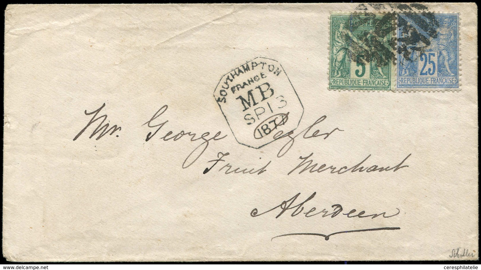 Let TYPE SAGE SUR LETTRES - N°75 Et 79 Obl. GC ANGLAIS 723 S. Env., Càd SOUTHAMPTON FRANCE MB 13/9/77, Arr. ABERDEEN, TT - 1877-1920: Période Semi Moderne