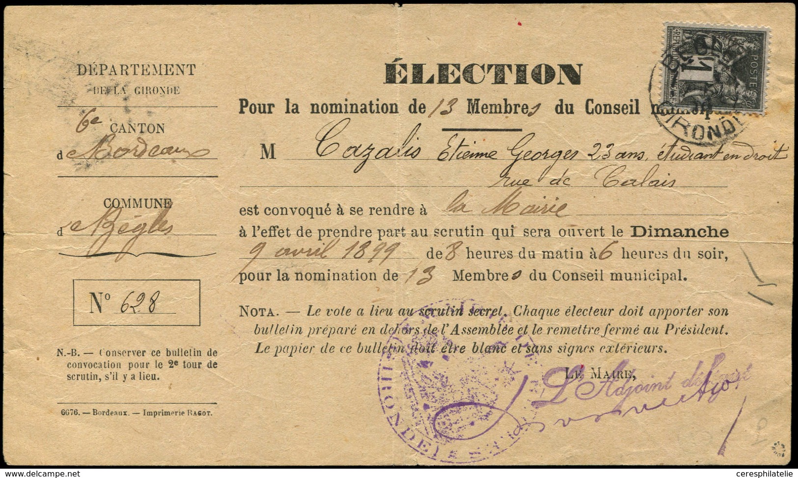 Let TYPE SAGE SUR LETTRES - N°83 Obl. BEGLES ( )/4/99 Sur Bulletin De Convocation D'élection, TB - 1877-1920: Période Semi Moderne