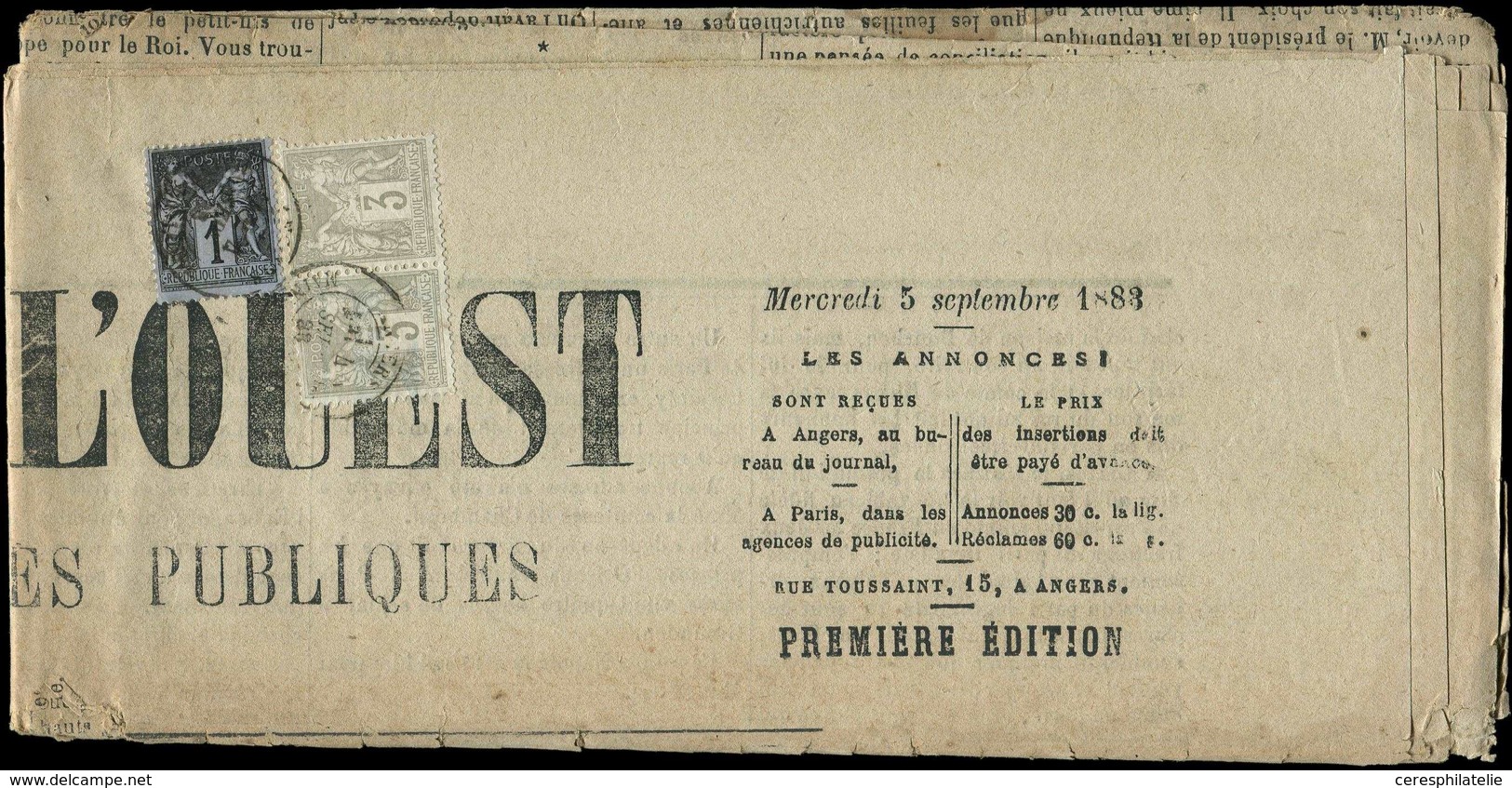 Let TYPE SAGE SUR LETTRES - N°83 Et 87 PAIRE Obl. ANGERS 4/9/83 Sur Journal L'UNION De L'OUEST, TB - 1877-1920: Periodo Semi Moderno