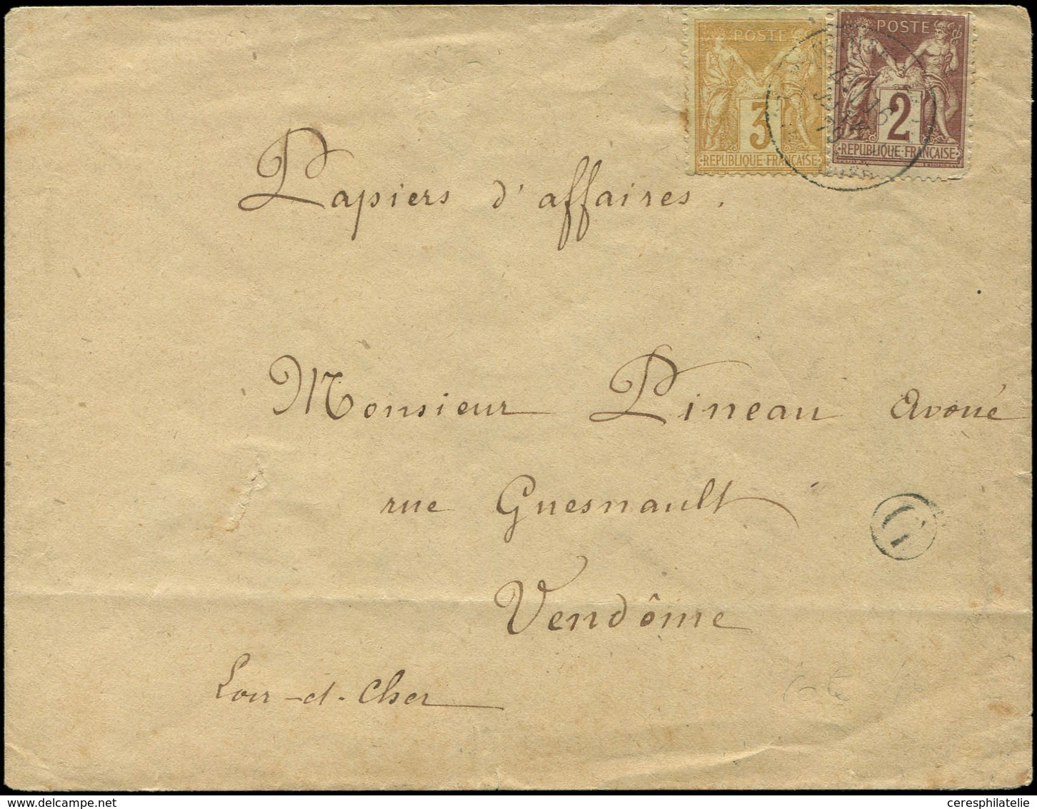 Let TYPE SAGE SUR LETTRES - N°85 Et 86 Obl. MONTOIRE-SUR-LE-LOIR 16/1/79 Sur Env. Papiers D'Affaires, Boite G, TB - 1877-1920: Période Semi Moderne