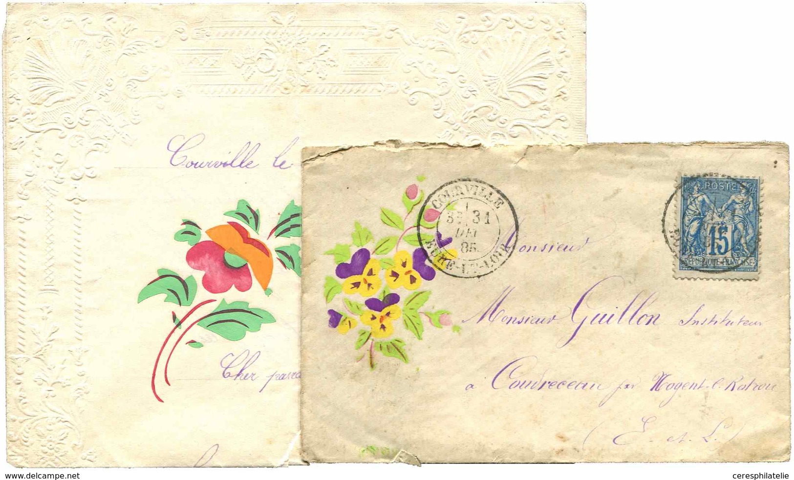 Let TYPE SAGE SUR LETTRES - N°90 Obl. Càd COURVILLE 31/12/85 S. Env. VALENTINE Avec Correspondance, Les 2 Avec Illustrat - 1877-1920: Période Semi Moderne