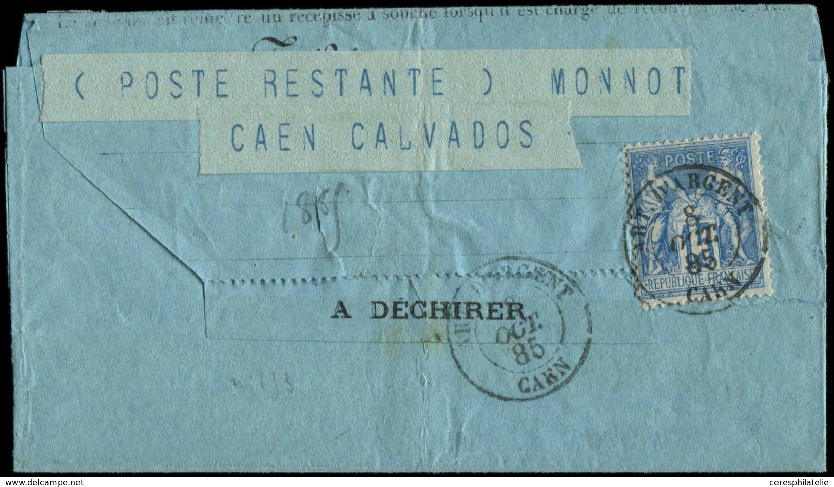 Let TYPE SAGE SUR LETTRES - N°90 Obl. Càd ART. D'ARGENT/CAEN 8/10/85 Sur Télégramme, Un Coin Du Timbre Déchiré à L'ouver - 1877-1920: Période Semi Moderne