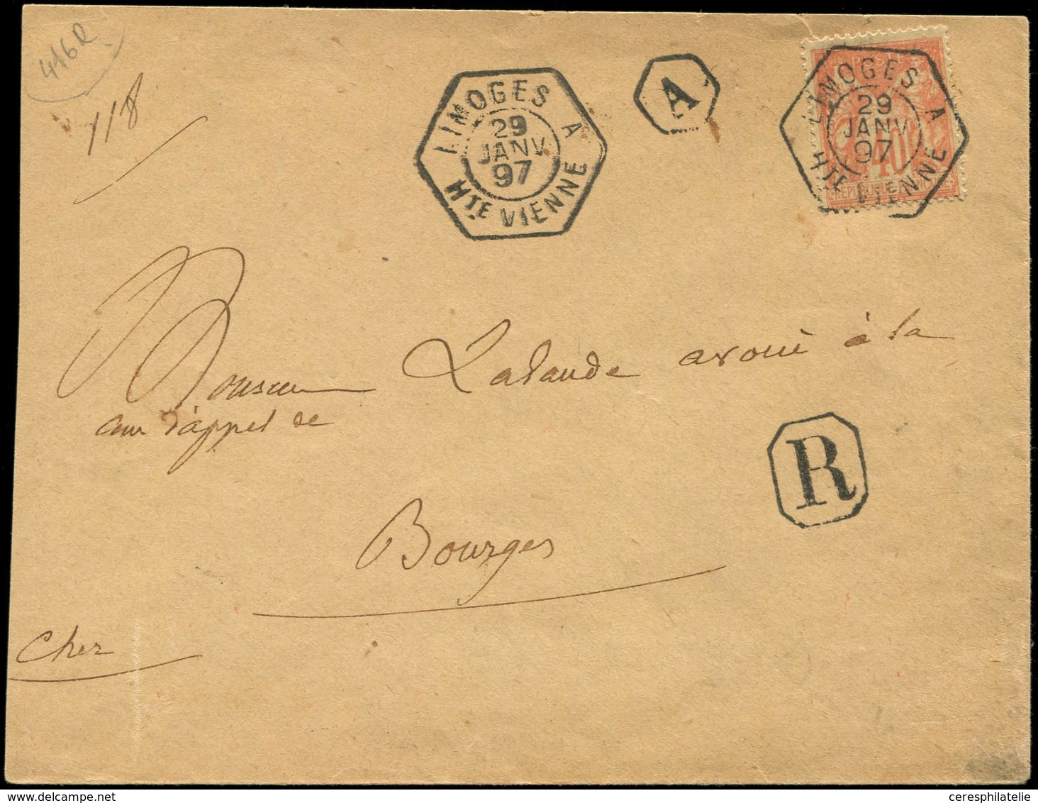 Let TYPE SAGE SUR LETTRES - N°94 Obl. Hexagonal LIMOGES 29/1/97 Sur Env. Rec., TB - 1877-1920: Semi Modern Period