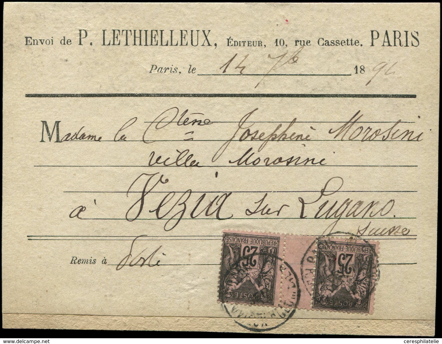 Let TYPE SAGE SUR LETTRES - N°97 PAIRE Interp. Obl. PARIS 14/9/94 S. Carte Pour La SUISSE, TB - 1877-1920: Période Semi Moderne