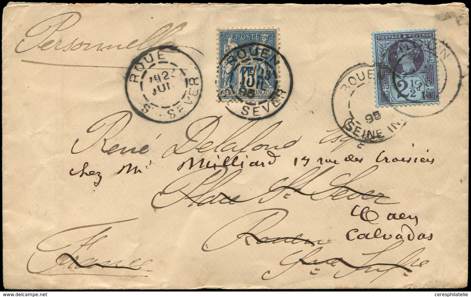 Let TYPE SAGE SUR LETTRES - N°101 Obl. Càd ROUEN St SEVER 23/7/95 S. Env. Affr. 2 1/2d. De GB Obl. LONDON 22/7 Pour Roue - 1877-1920: Période Semi Moderne