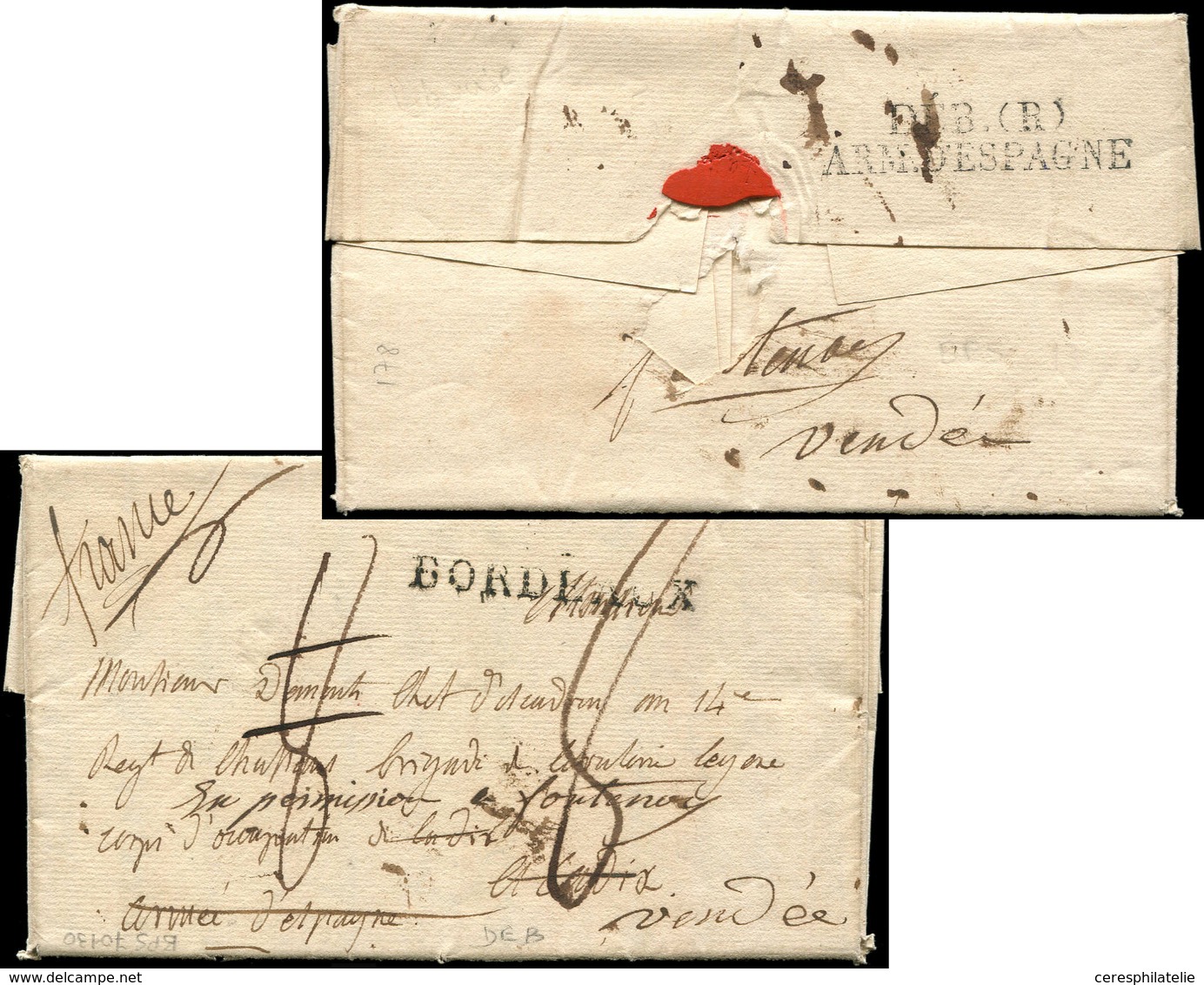 Let LETTRES SANS TIMBRE ET DOCUMENTS DIVERS - DEB.(R)/ARM.D'ESPAGNE S. LAC De Bordeaux 1823, TB - Autres & Non Classés