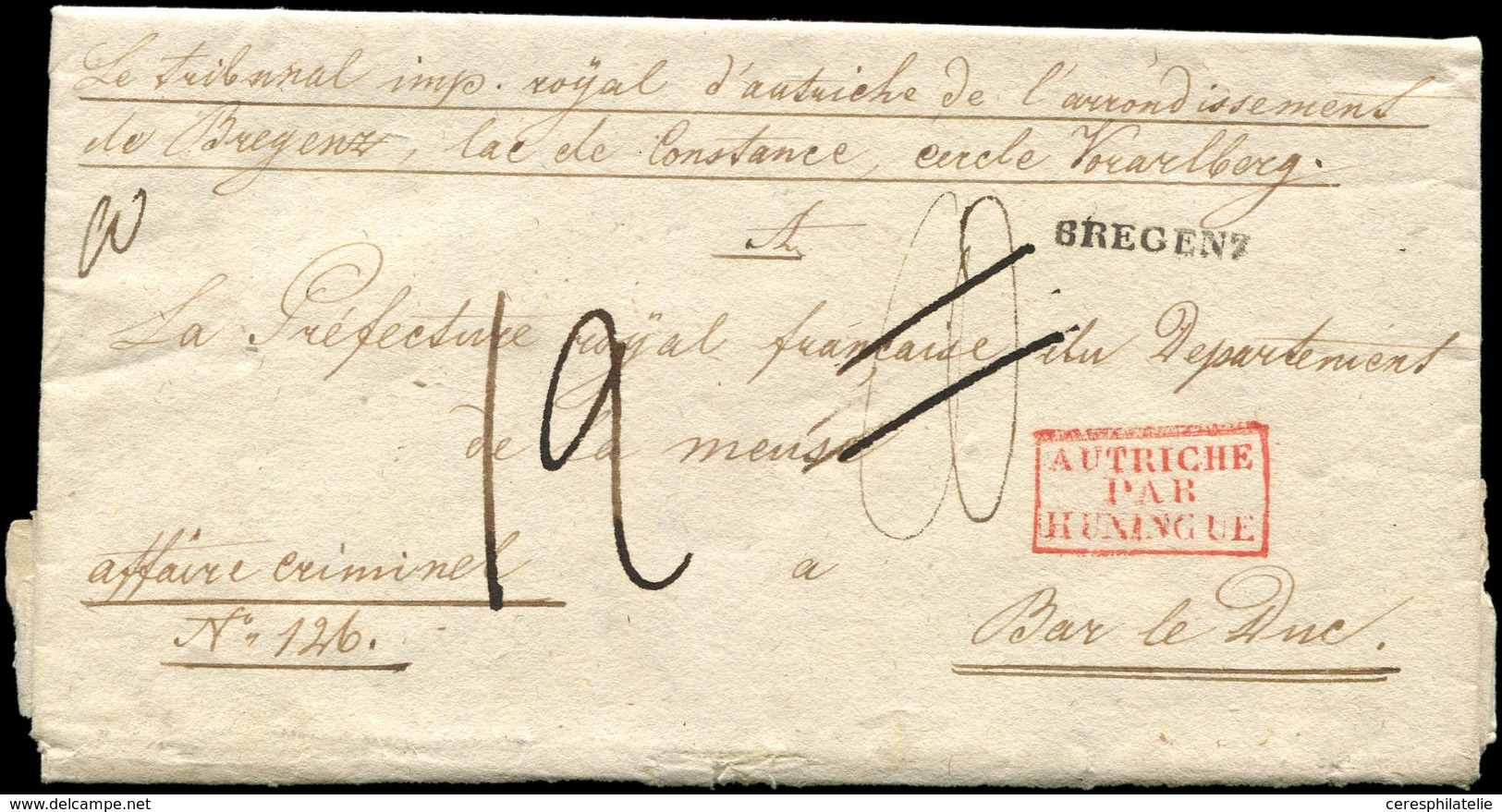 Let LETTRES SANS TIMBRE ET DOCUMENTS DIVERS - Cachet Rouge AUTRICHE/PAR/HUNINGUE Sur LAC De 1837, MP BREGENT Pour Bar-Le - Autres & Non Classés