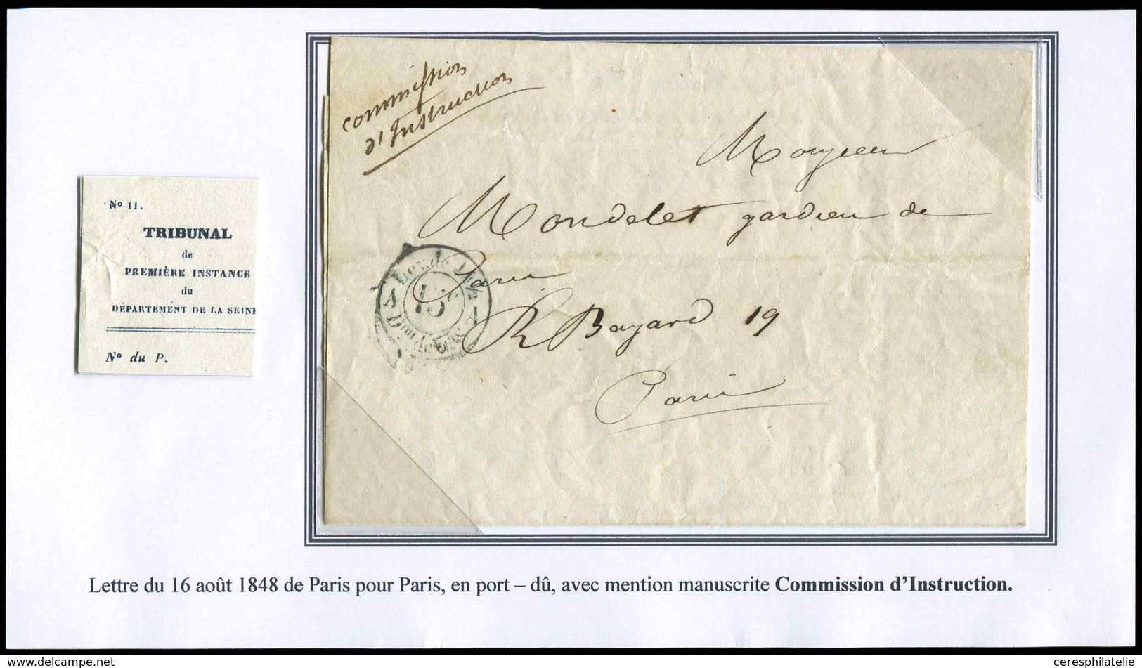 Let LETTRES SANS TIMBRE ET DOCUMENTS DIVERS - Cachet De Port Dû Sur LAC Du 16/8/48, Mention "Commission D'Instruction",  - Autres & Non Classés