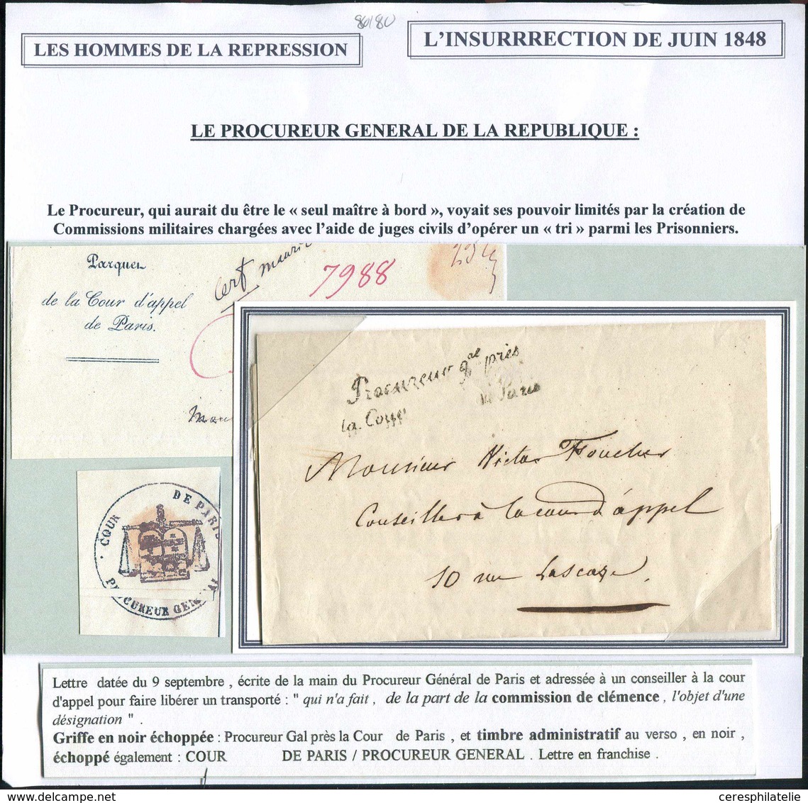 Let LETTRES SANS TIMBRE ET DOCUMENTS DIVERS - Franchise Procureur Gal Près/La Cour (   ) De Paris Sur LAC Du 9/9/48, TB - Autres & Non Classés