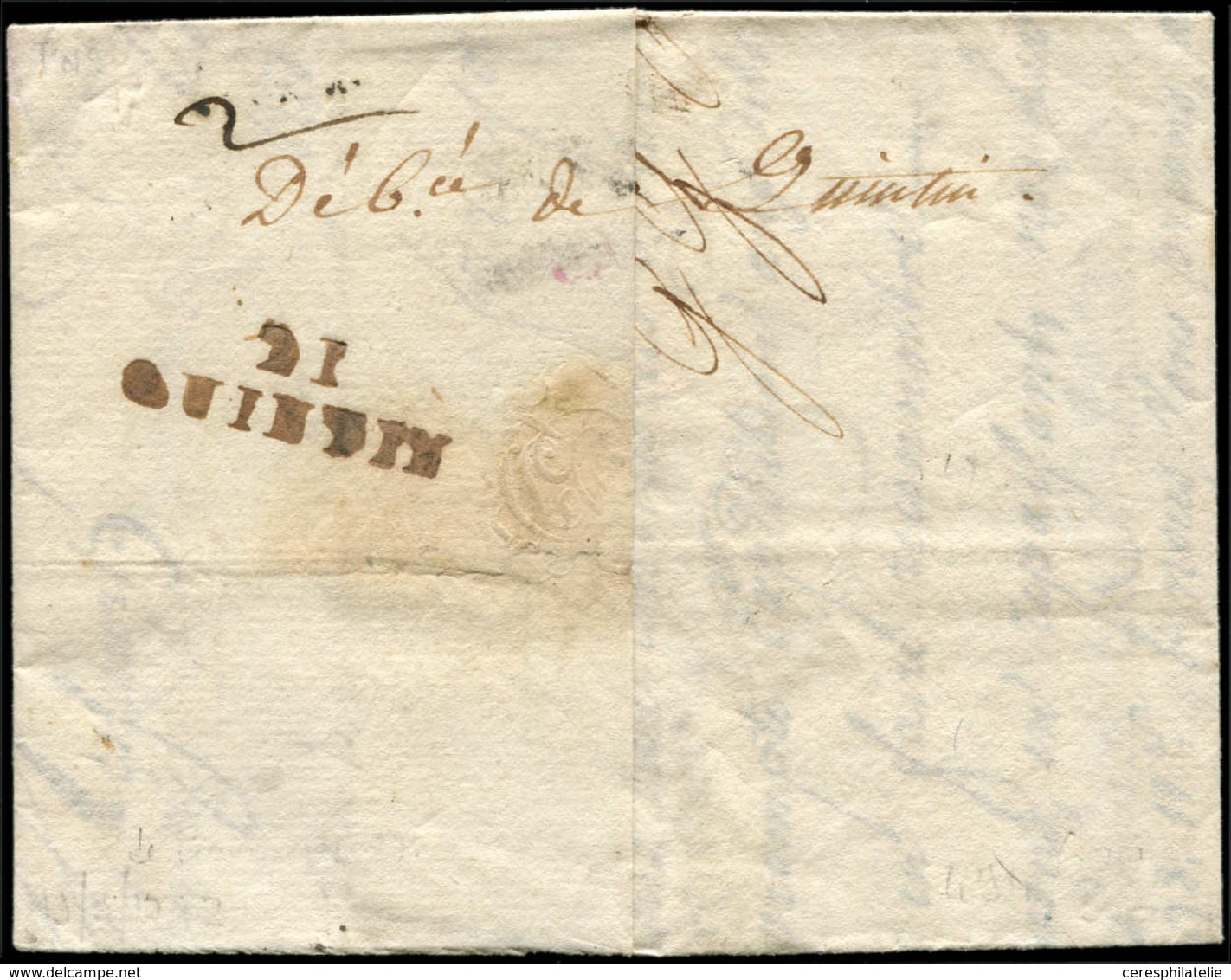 Let OBLITERATIONS PAR DEPARTEMENTS - 21/COTES DU NORD MP 21/QUINTIN Et Marque Manuscrite "Deb De Quintin" Sur LAC De Fra - 1849-1876: Période Classique