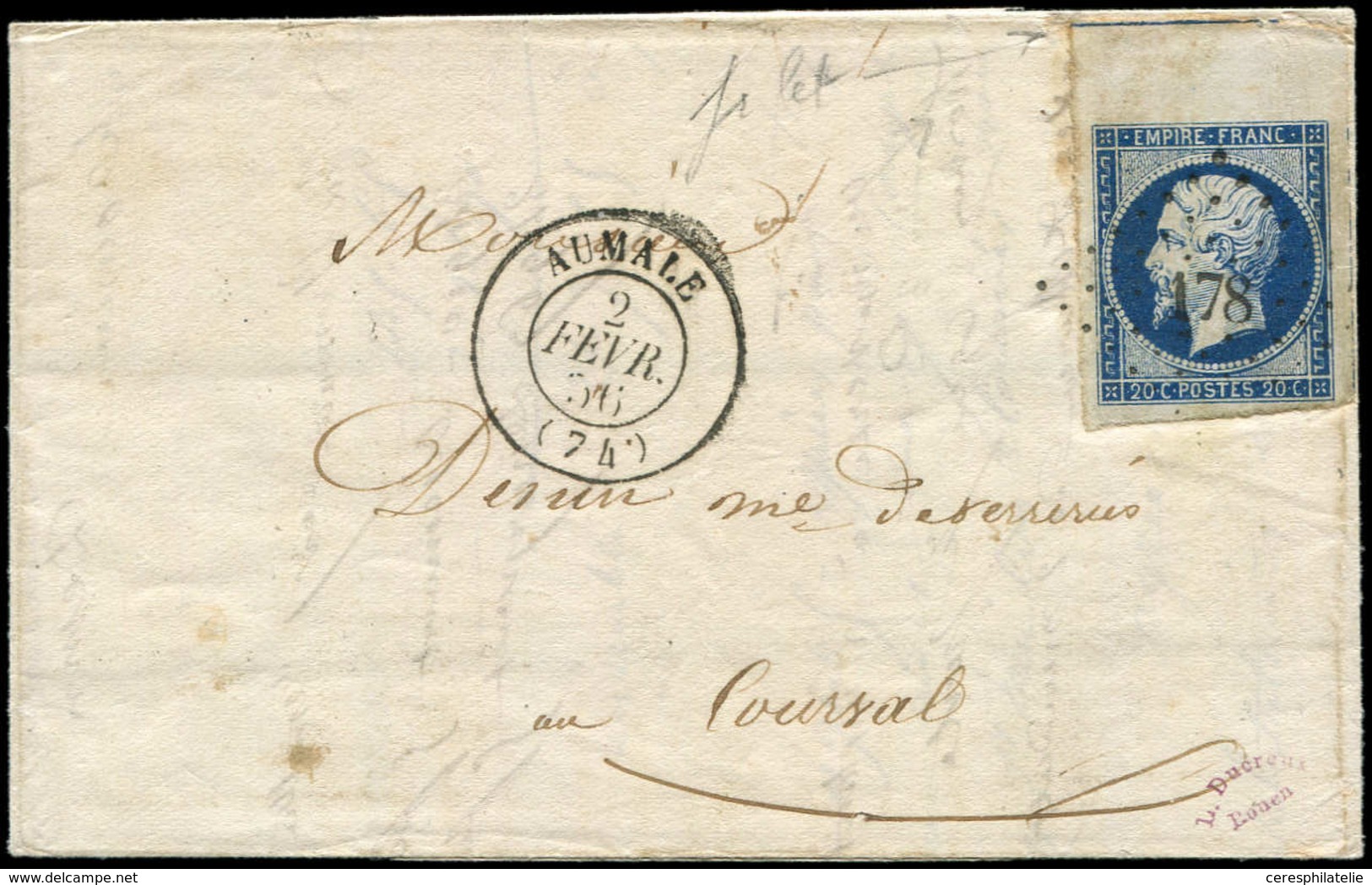 Let OBLITERATIONS PAR DEPARTEMENTS - 74/SEINE INFERIEURE N°14 Bdf Avec Filet Partiel Obl. PC 178 S. LAC, Càd T15 AUMALE  - 1849-1876: Période Classique