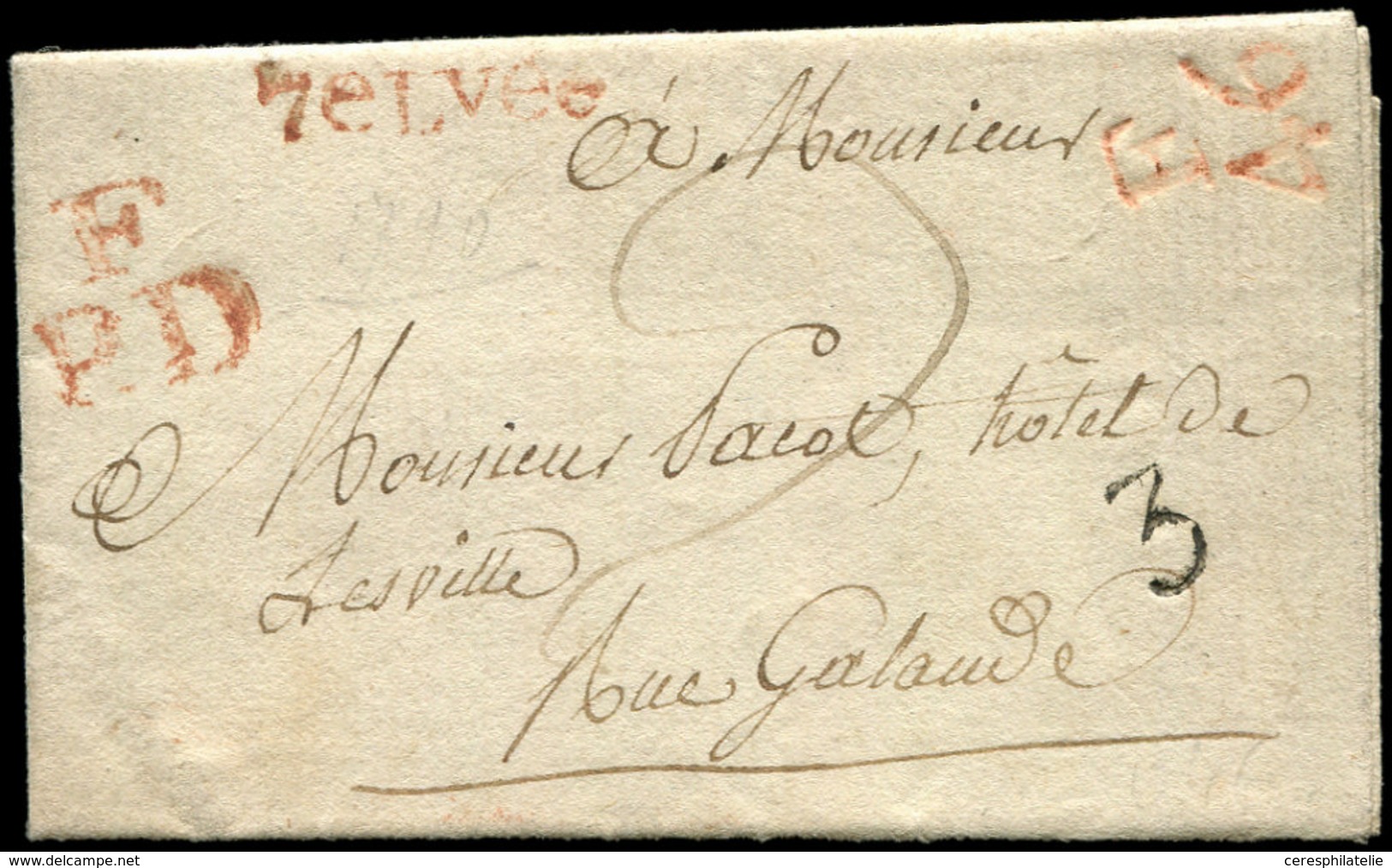 Let LETTRES DE PARIS - 3 MP Rouges F/PD, FA6 Et 7e Lvée Sur LAC De 1790, Marque 3 Au Verso 2 Marques Rouges F46 Et F7 +  - 1849-1876: Période Classique